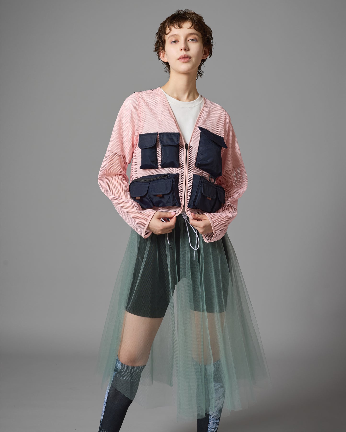 [PRE ORDER] MULTI POCKET MESH JACKET (PINK×NAVY)
