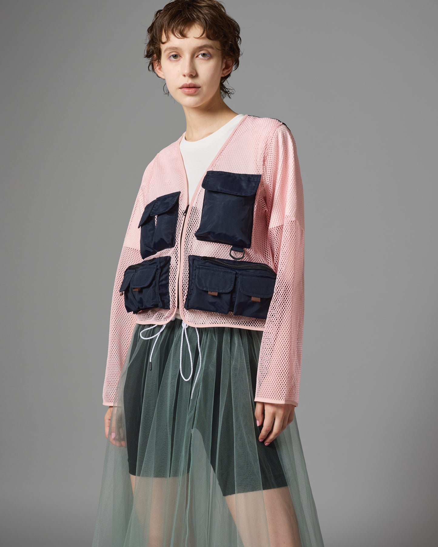 [PRE ORDER] MULTI POCKET MESH JACKET (PINK×NAVY)