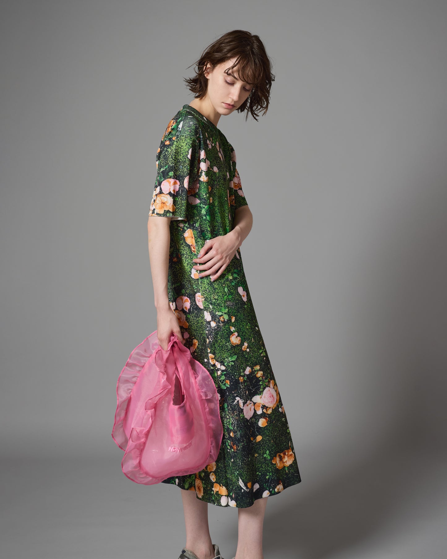 [PRE ORDER] PRINT RIB HALF SLEEVE ONE-PIECE (MOSS)