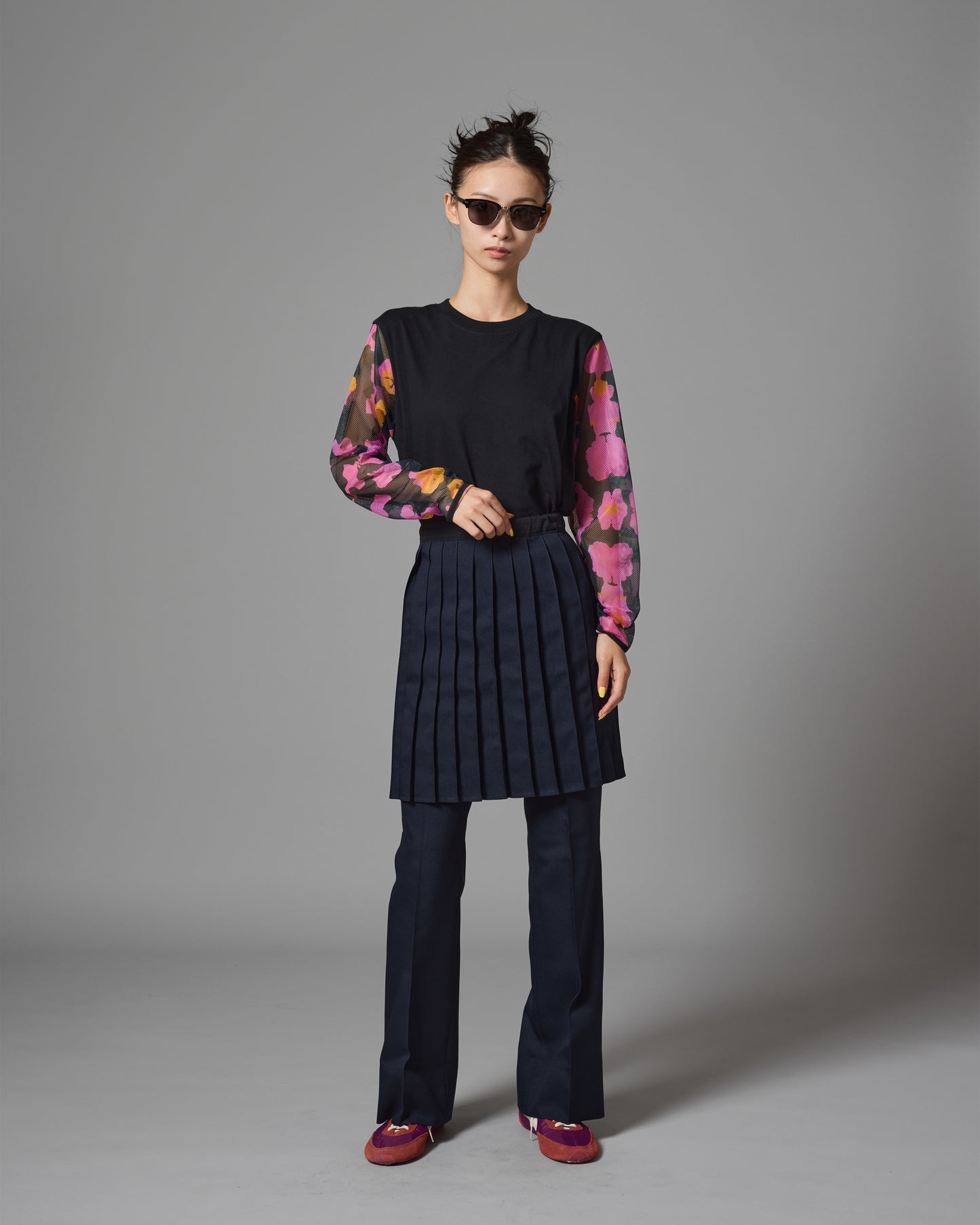 FLOWER PRINT MESH L/S T-SHIRT (BLACK)