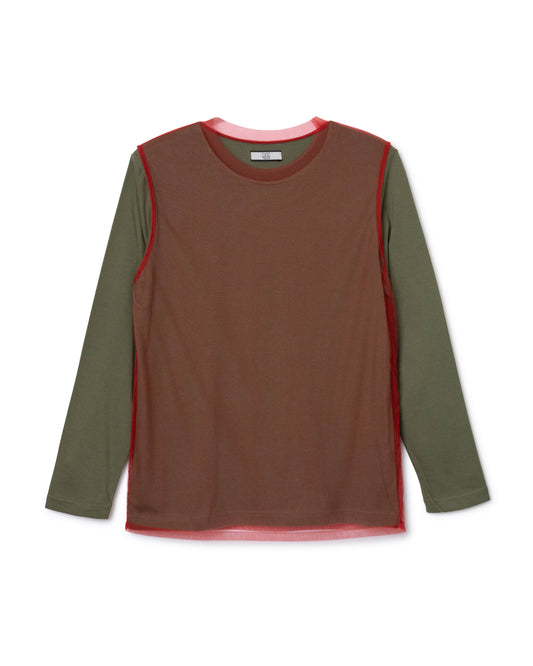 SHEER LAYER L/S T-SHIRT (KHAKI×RED)