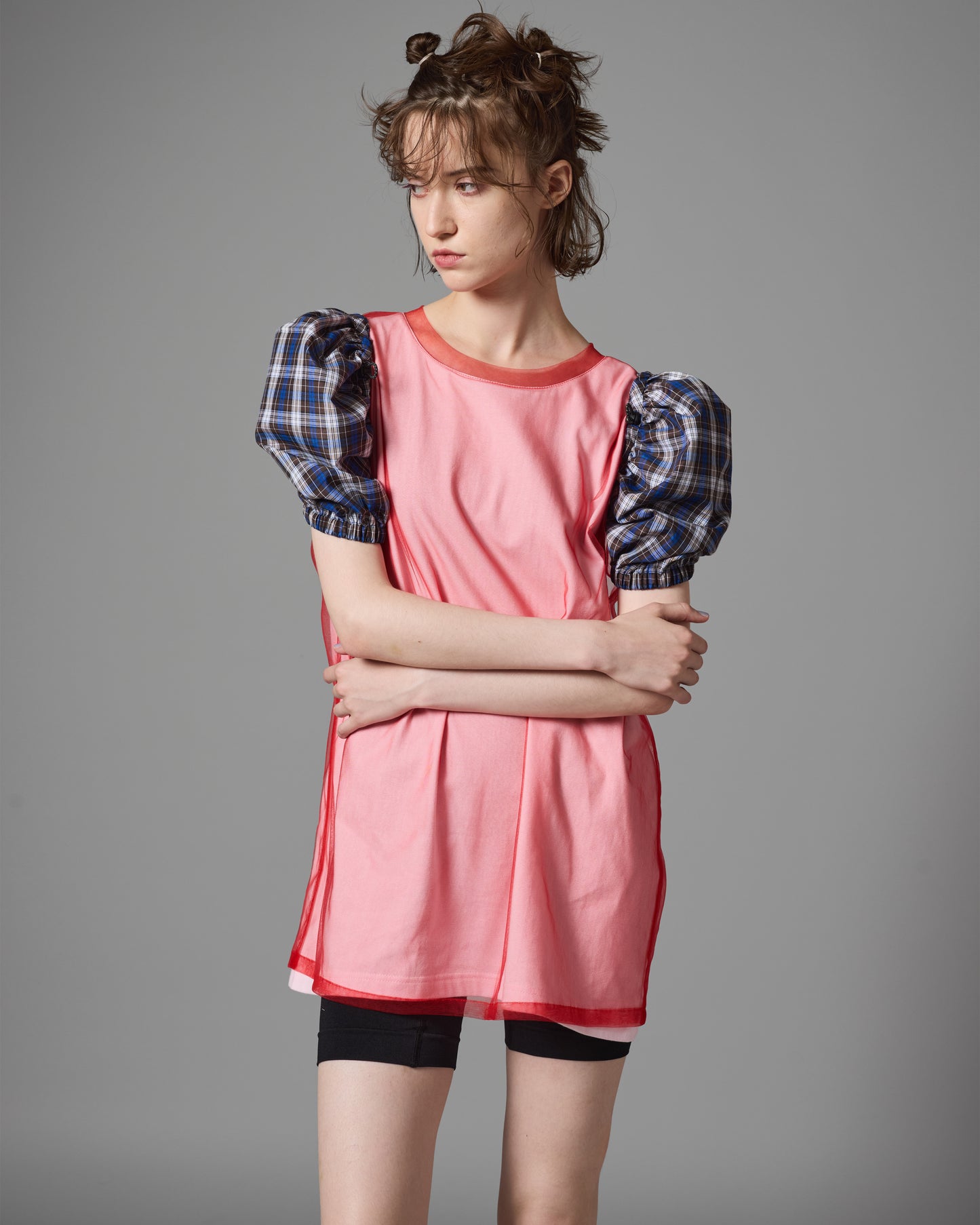 SHEER LAYER N/S T-SHIRT (PINK×RED)