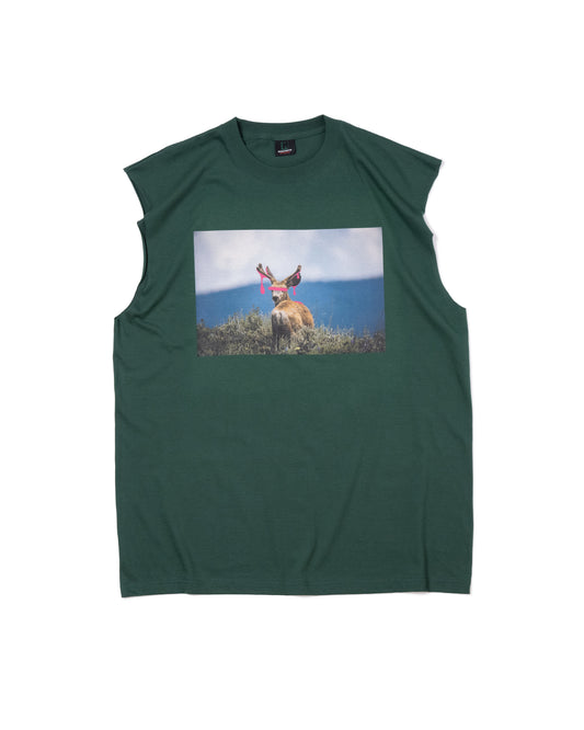 DEER PRINT NO-SLEEVE T-SHIRT (GREEN)