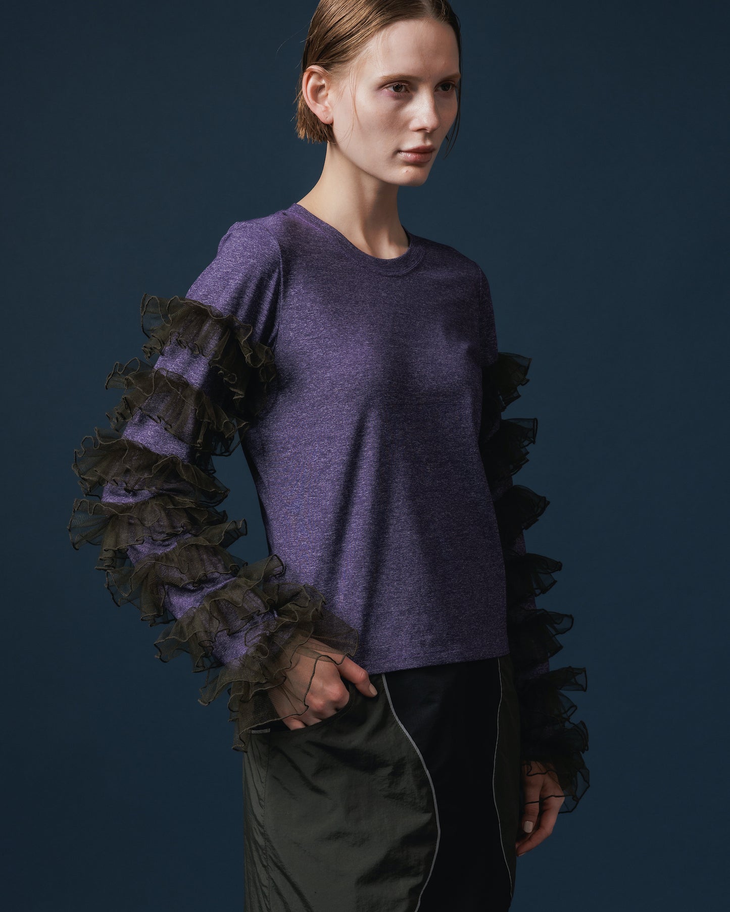 FRILL SLEEVE C/S (PURPLE x KHAKI)