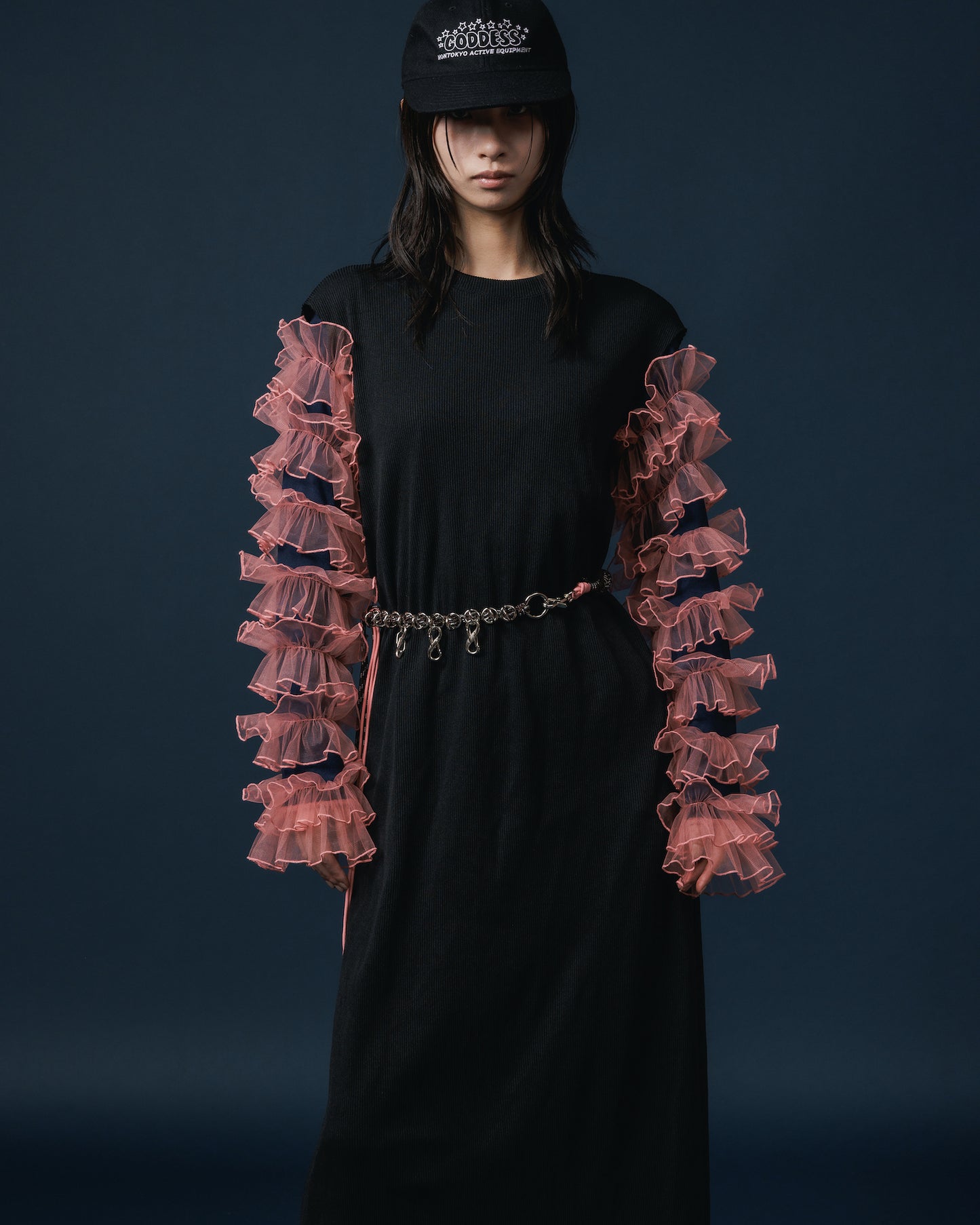 FRILL SLEEVE C/S (NAVY x PINK)