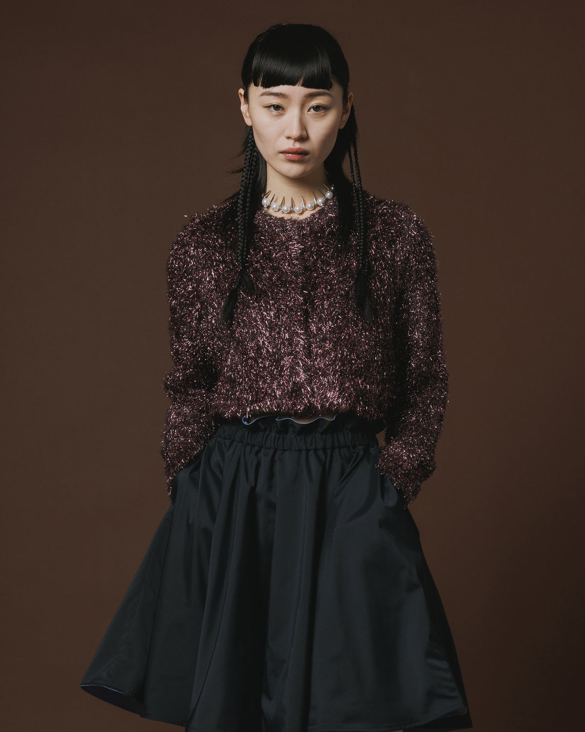 GLITTER SHAGGY KNIT CARDIGAN (BLACK PINK)