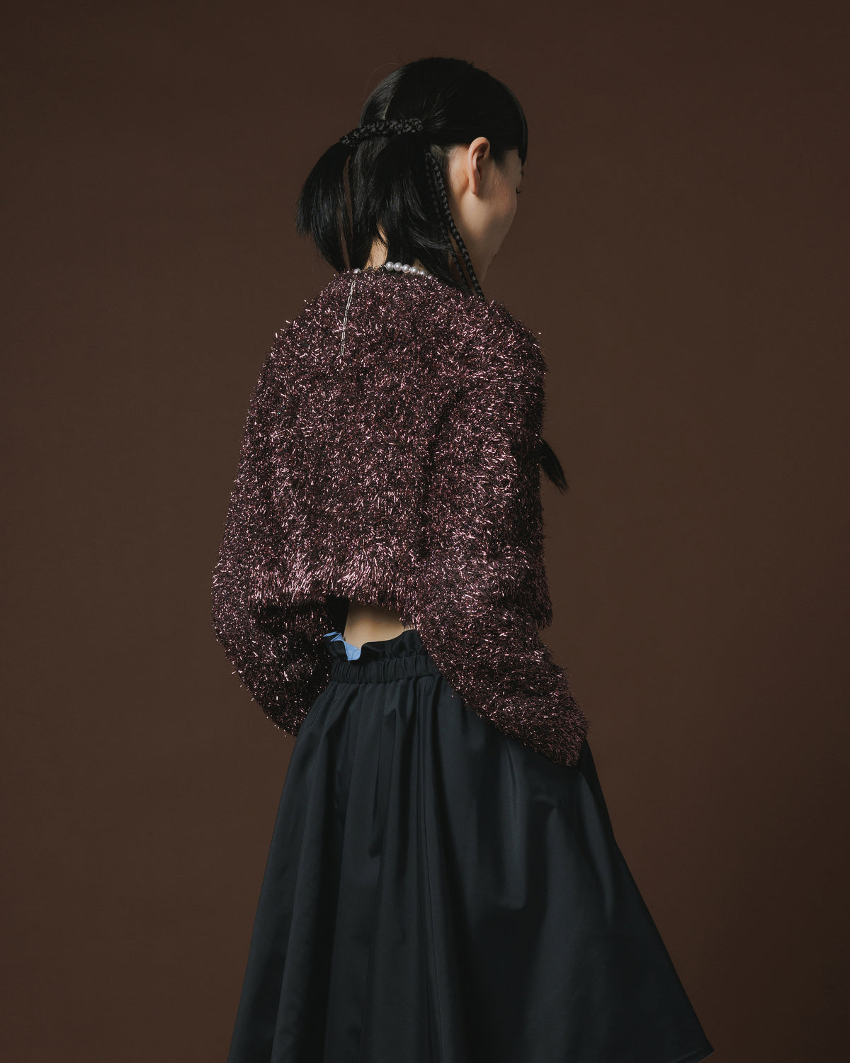 GLITTER SHAGGY KNIT CARDIGAN (BLACK PINK)