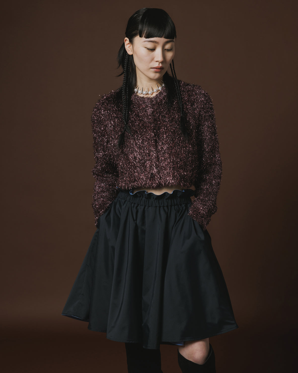GLITTER SHAGGY KNIT CARDIGAN (BLACK PINK)