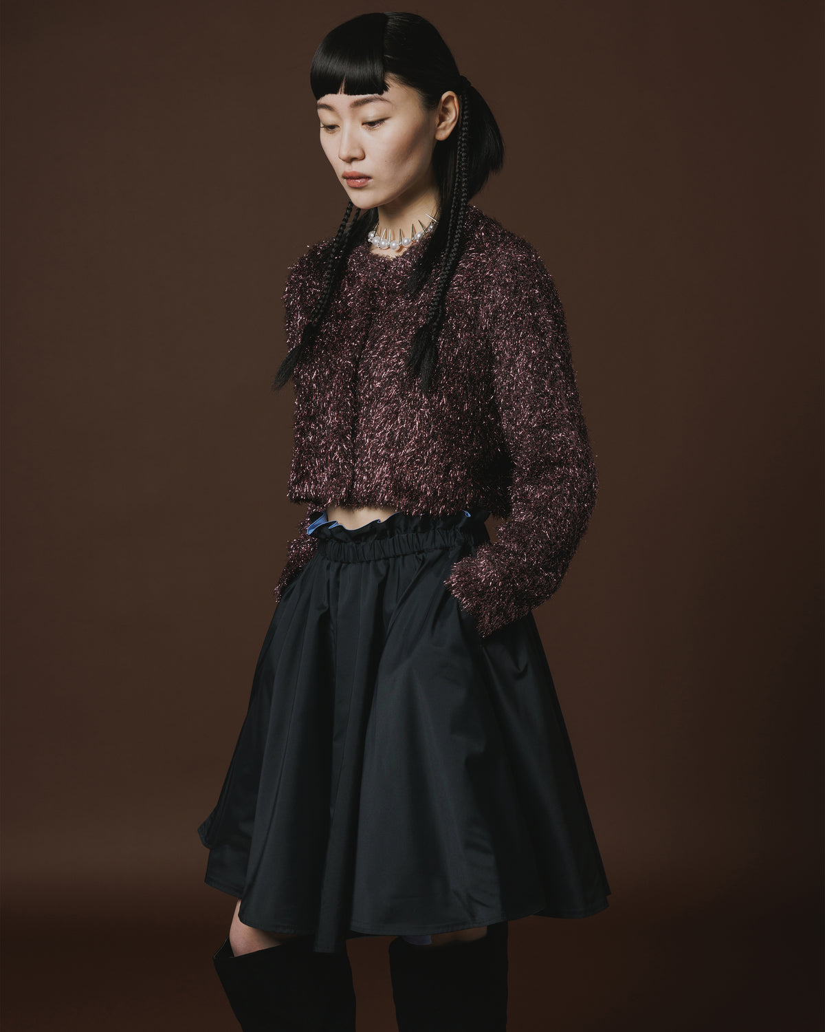 GLITTER SHAGGY KNIT CARDIGAN (BLACK PINK)