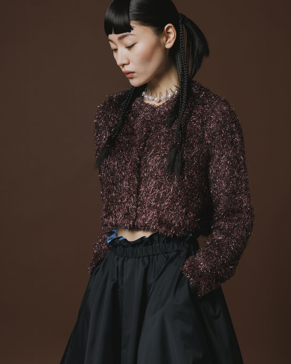 GLITTER SHAGGY KNIT CARDIGAN (BLACK PINK)