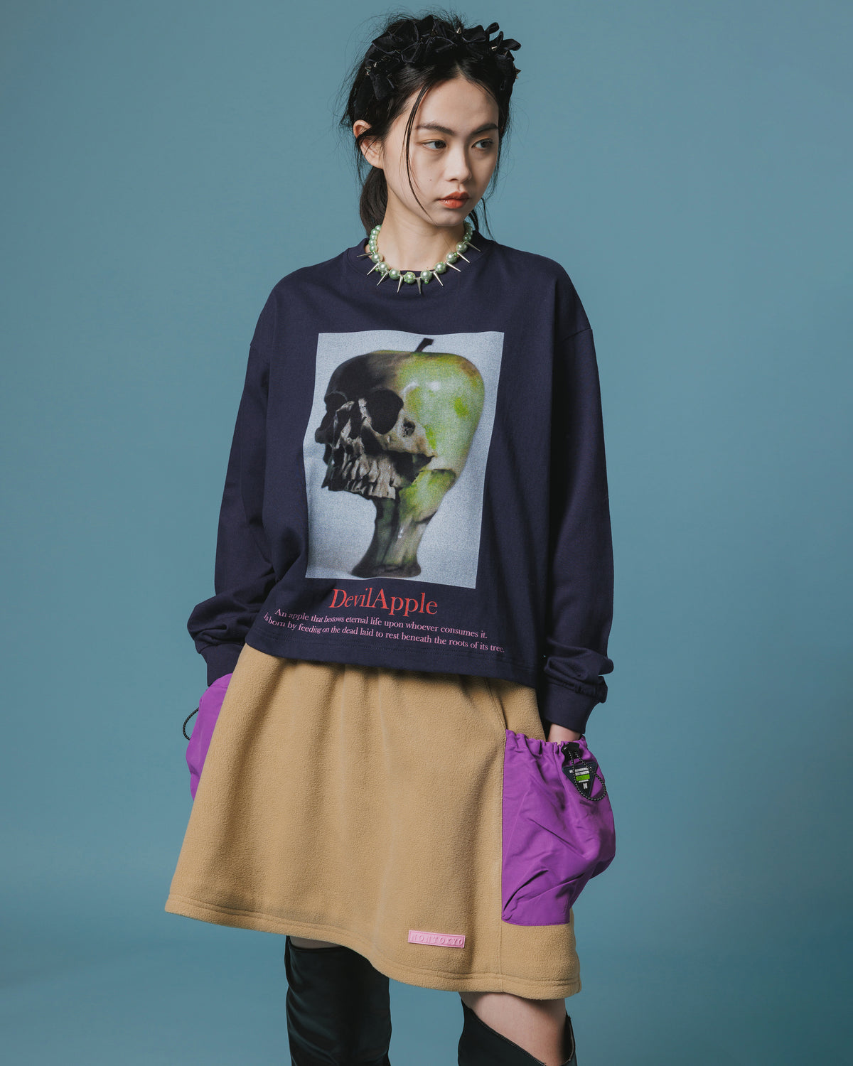 PRINT L/S SHORT T-SHIRT / DEVIL APPLE (NAVY)
