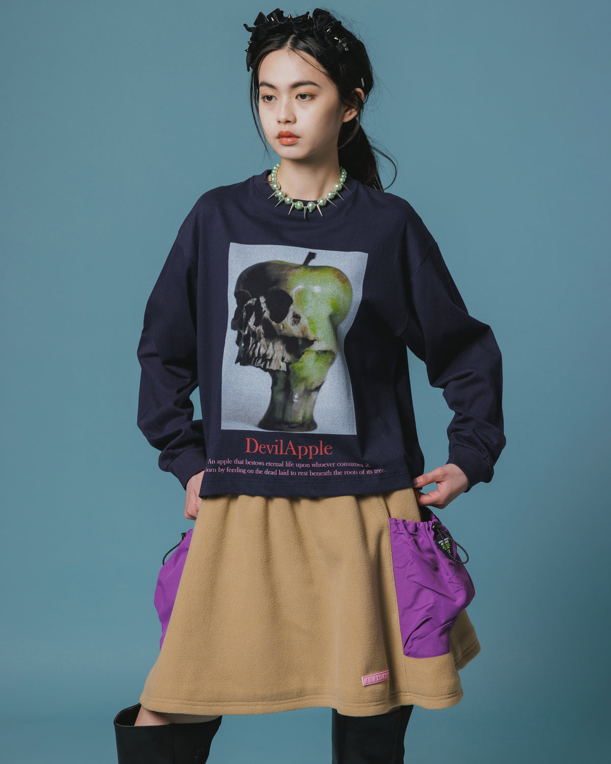 PRINT L/S SHORT T-SHIRT / DEVIL APPLE (NAVY)
