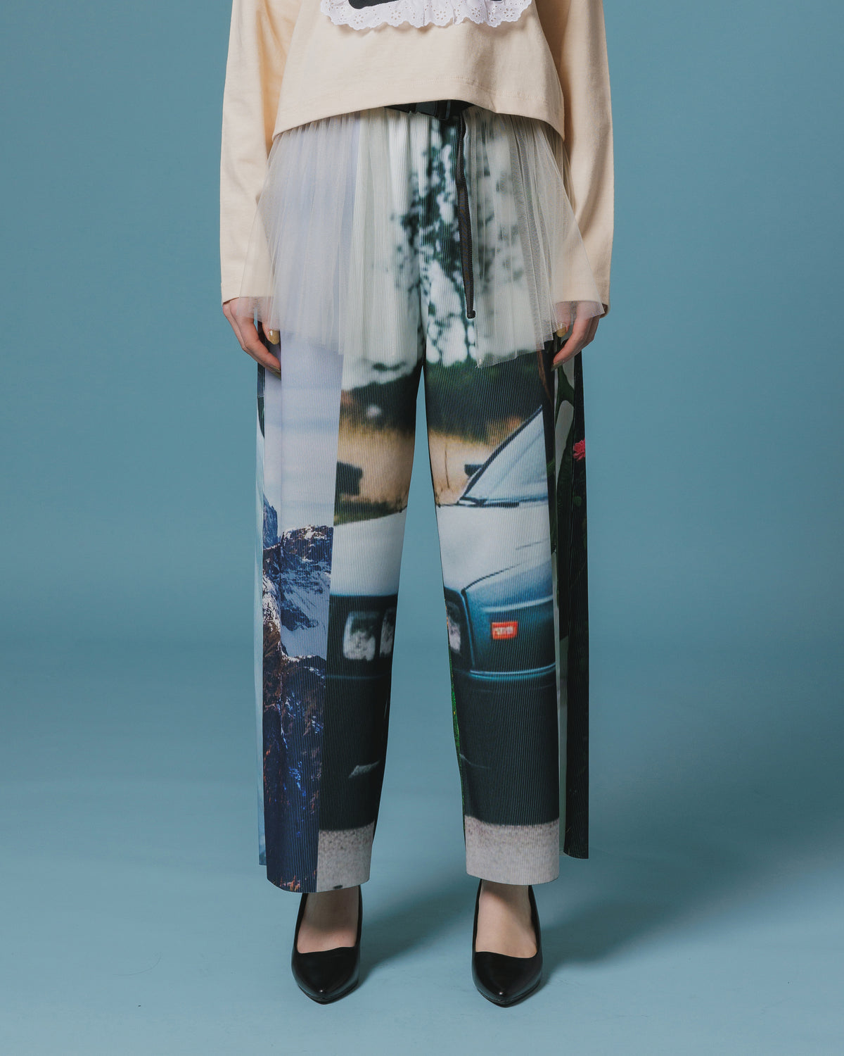 PRINT RIB WIDE PANTS (COLLAGE)