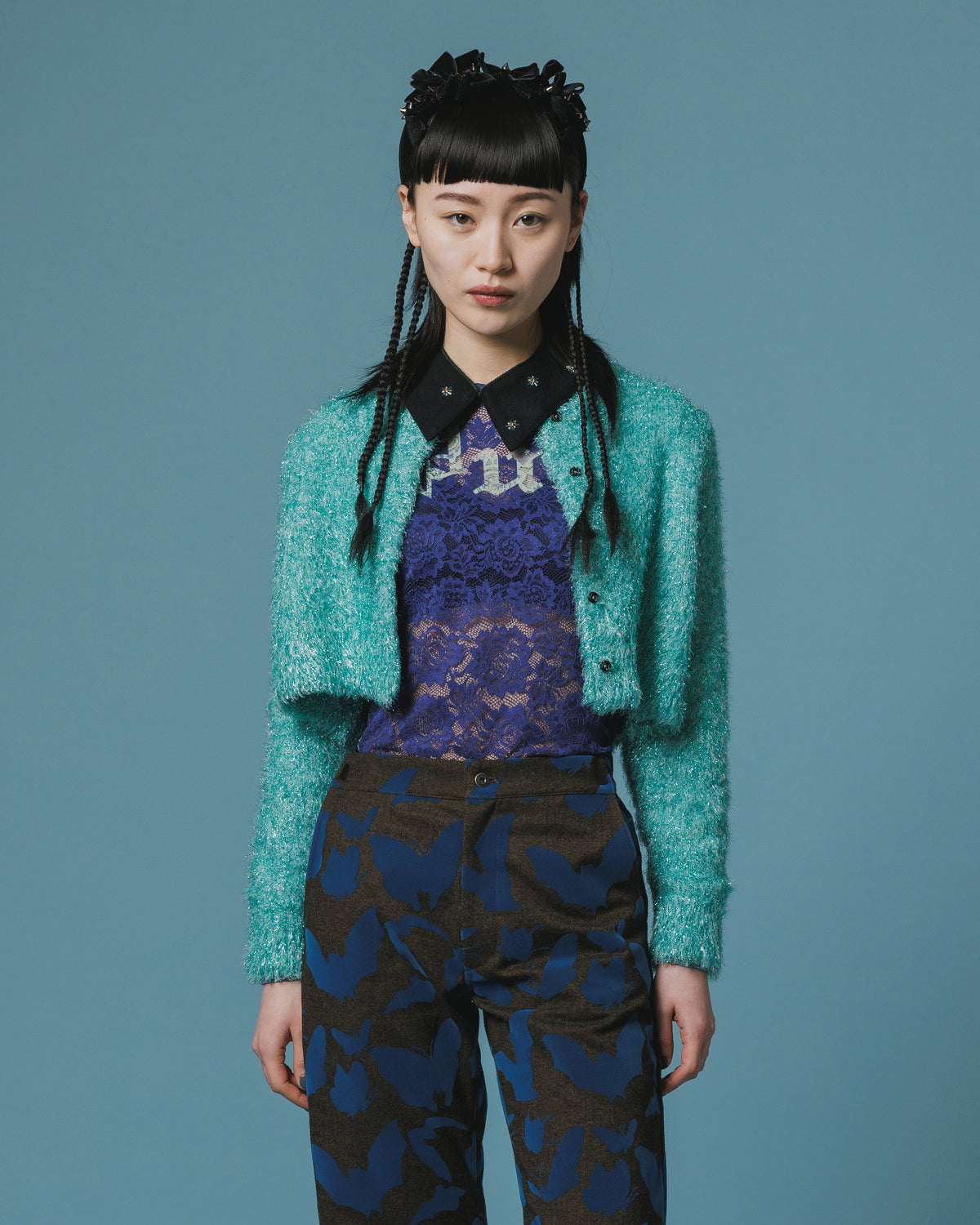 GLITTER SHAGGY KNIT CARDIGAN (M.GREEN)