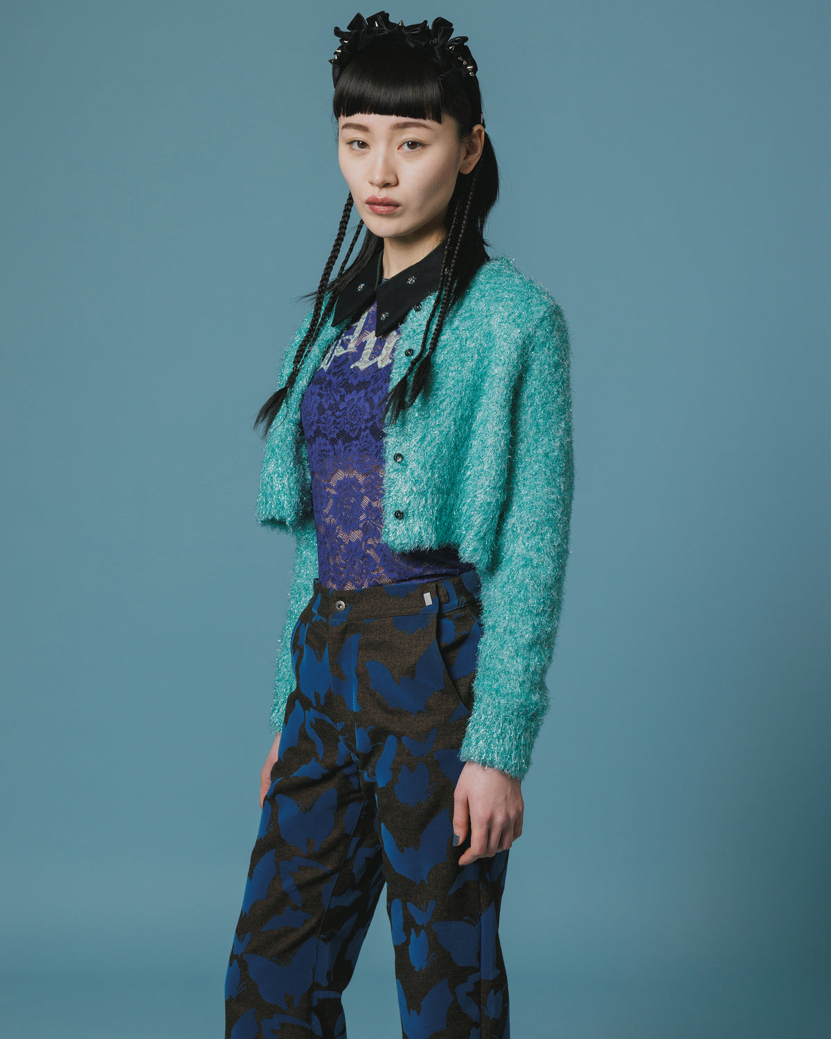 GLITTER SHAGGY KNIT CARDIGAN (M.GREEN)
