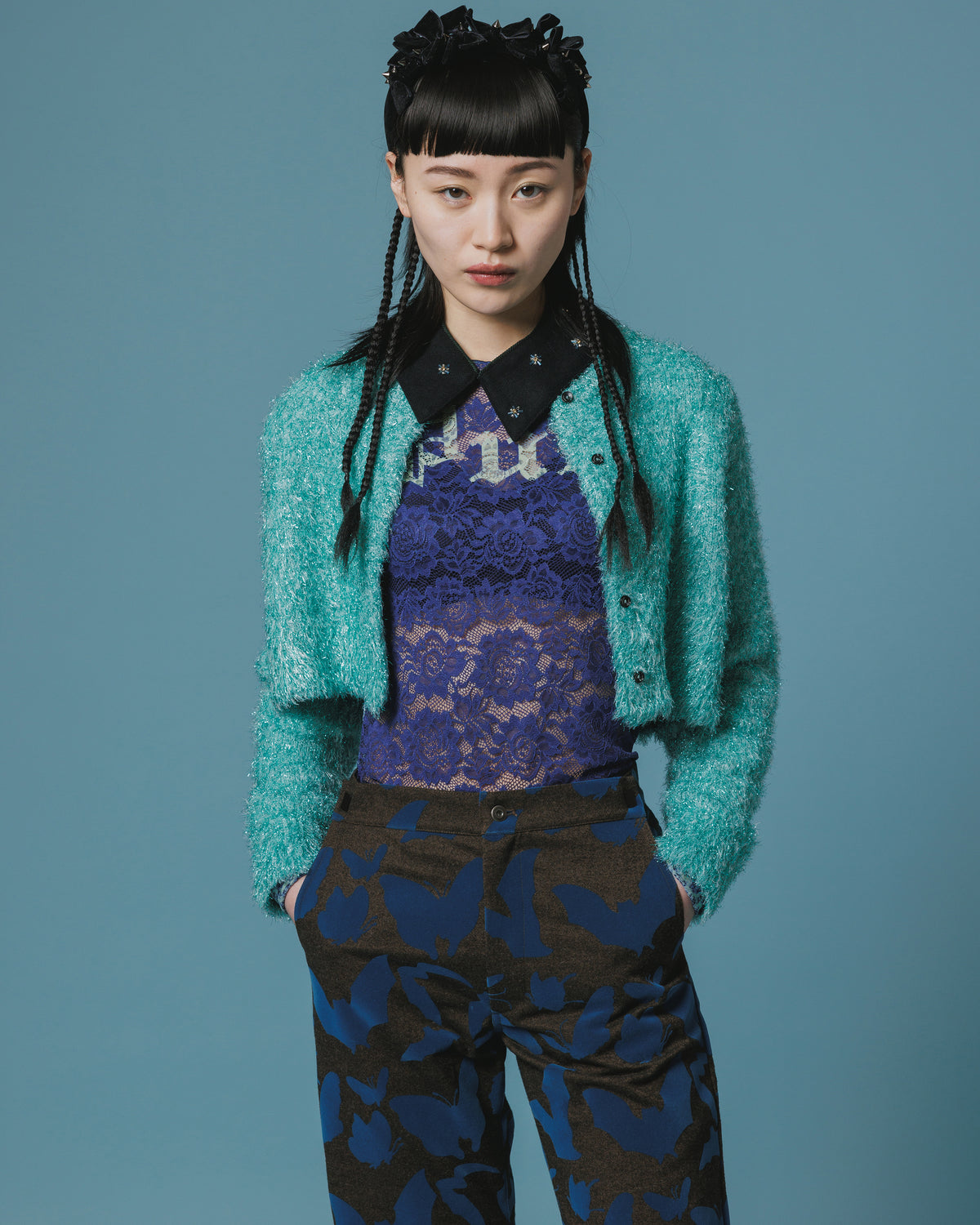 GLITTER SHAGGY KNIT CARDIGAN (M.GREEN)