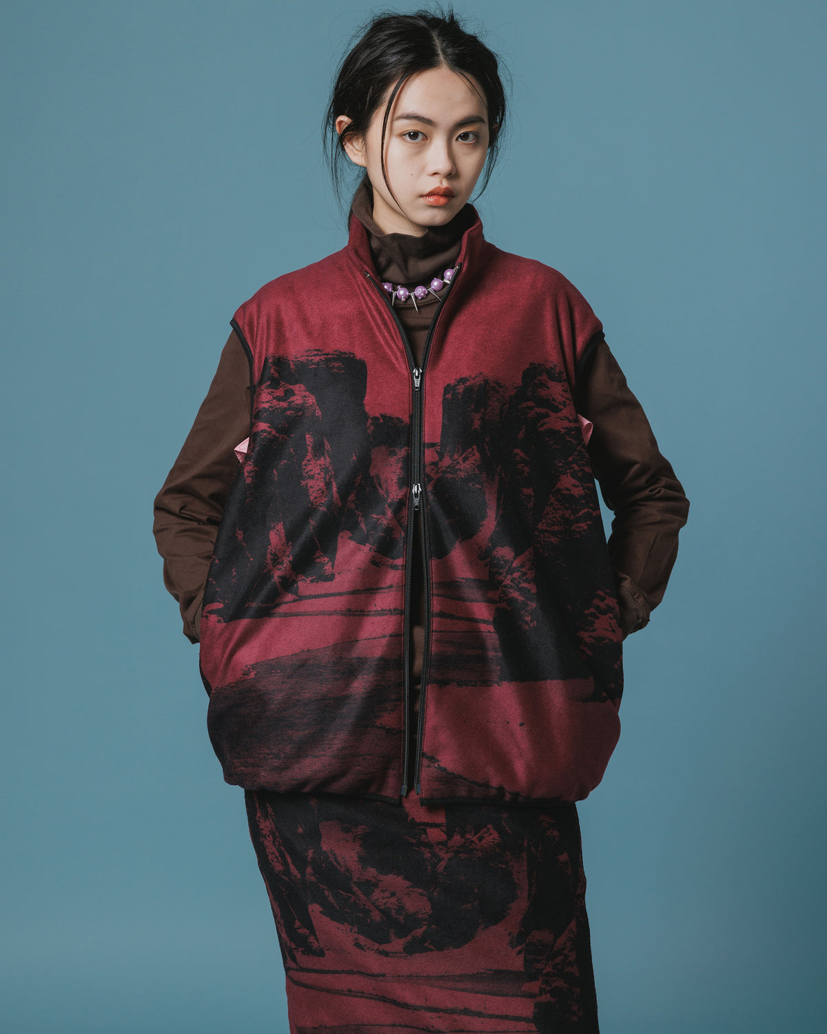 PRINT FLEECE VEST (WINE)
