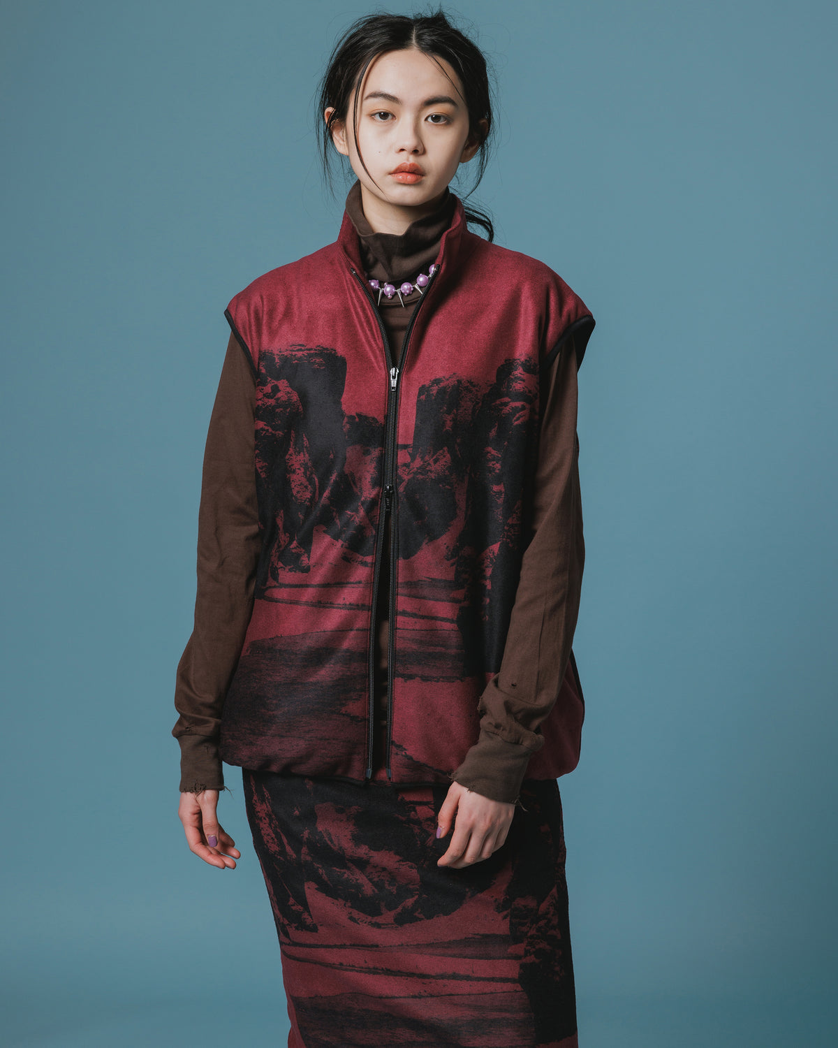 PRINT FLEECE VEST (WINE)