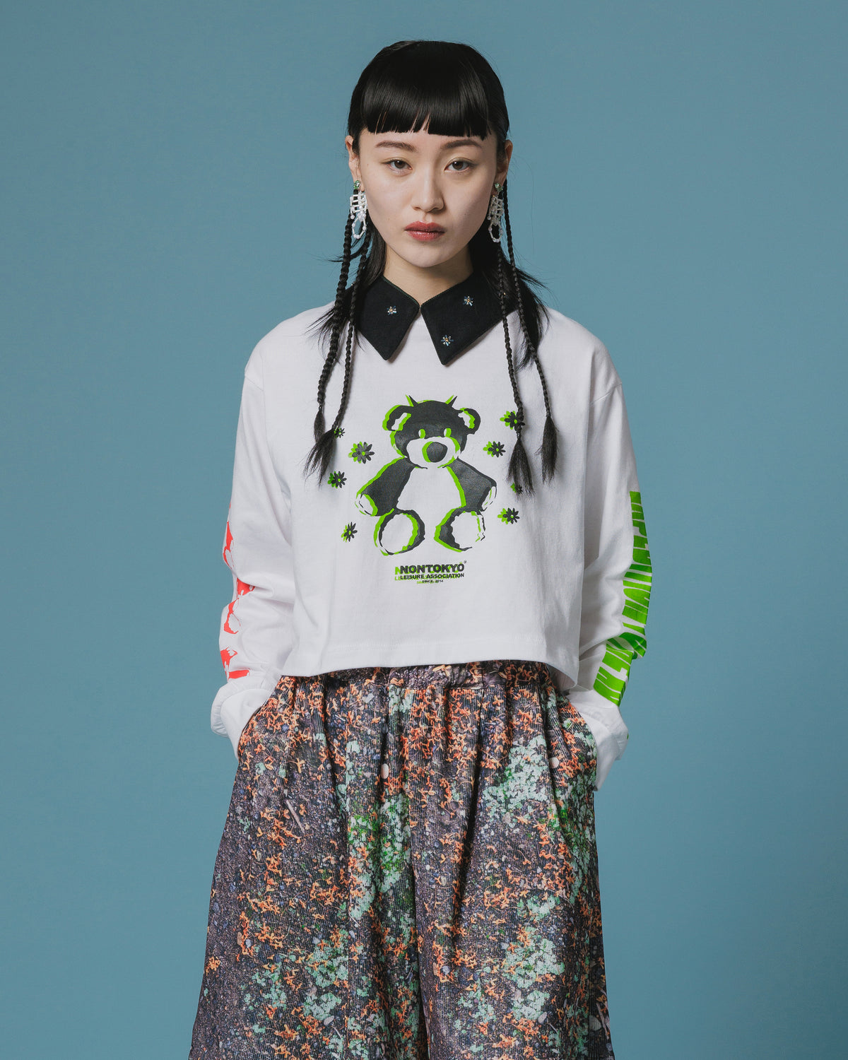 PRINT L/S SHORT T-SHIRT / BEAR (WHITE)