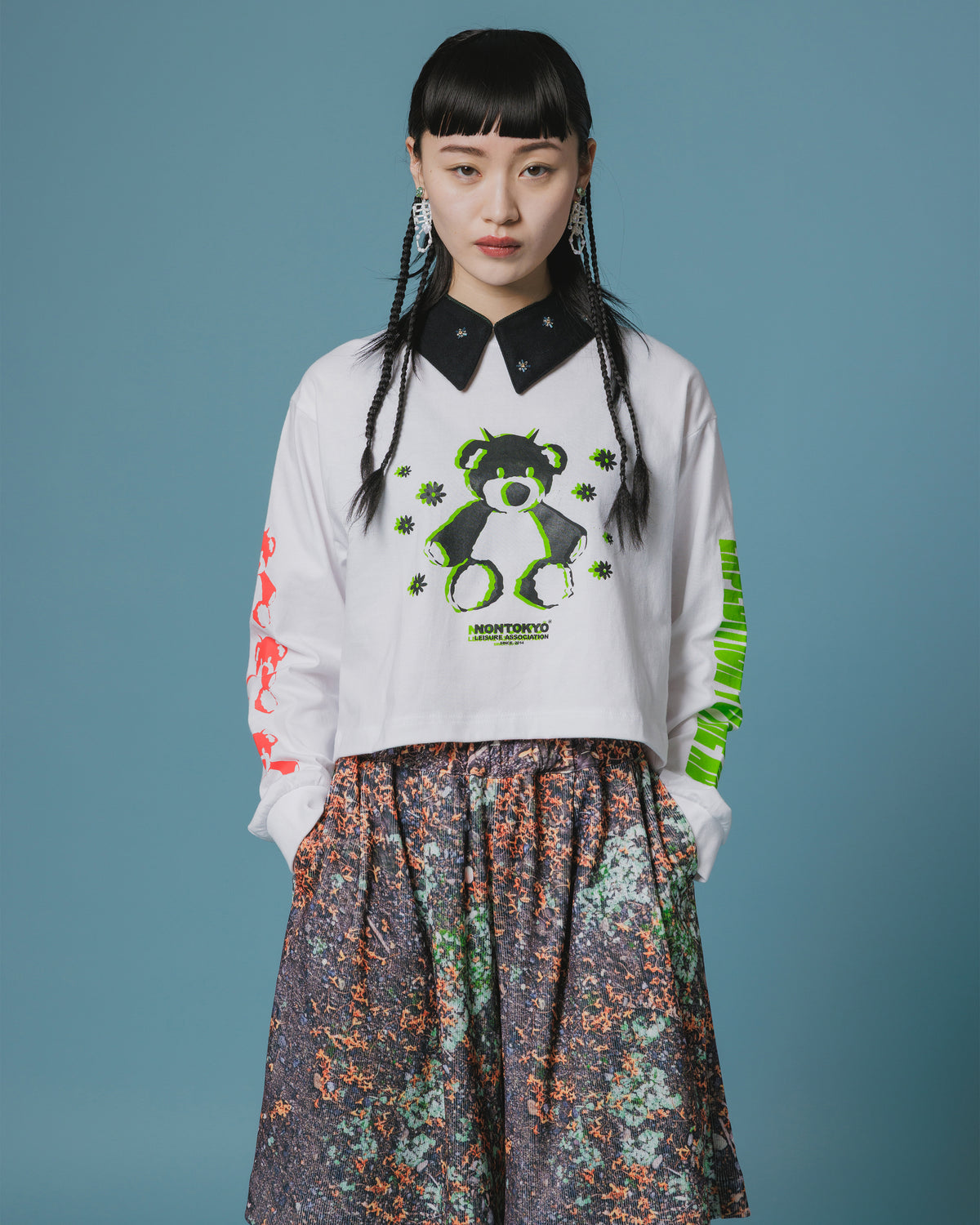 PRINT L/S SHORT T-SHIRT / BEAR (WHITE)