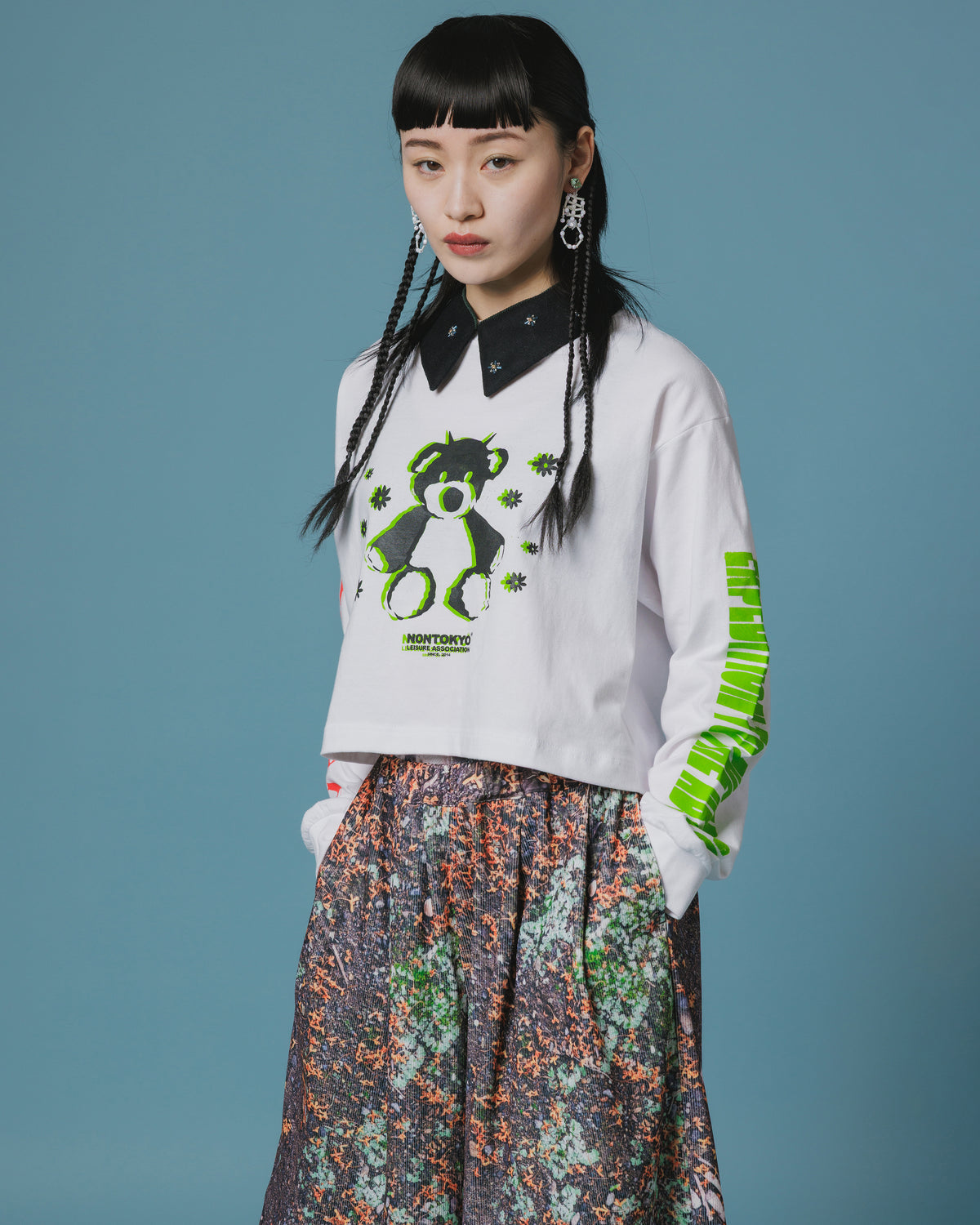 PRINT L/S SHORT T-SHIRT / BEAR (WHITE)