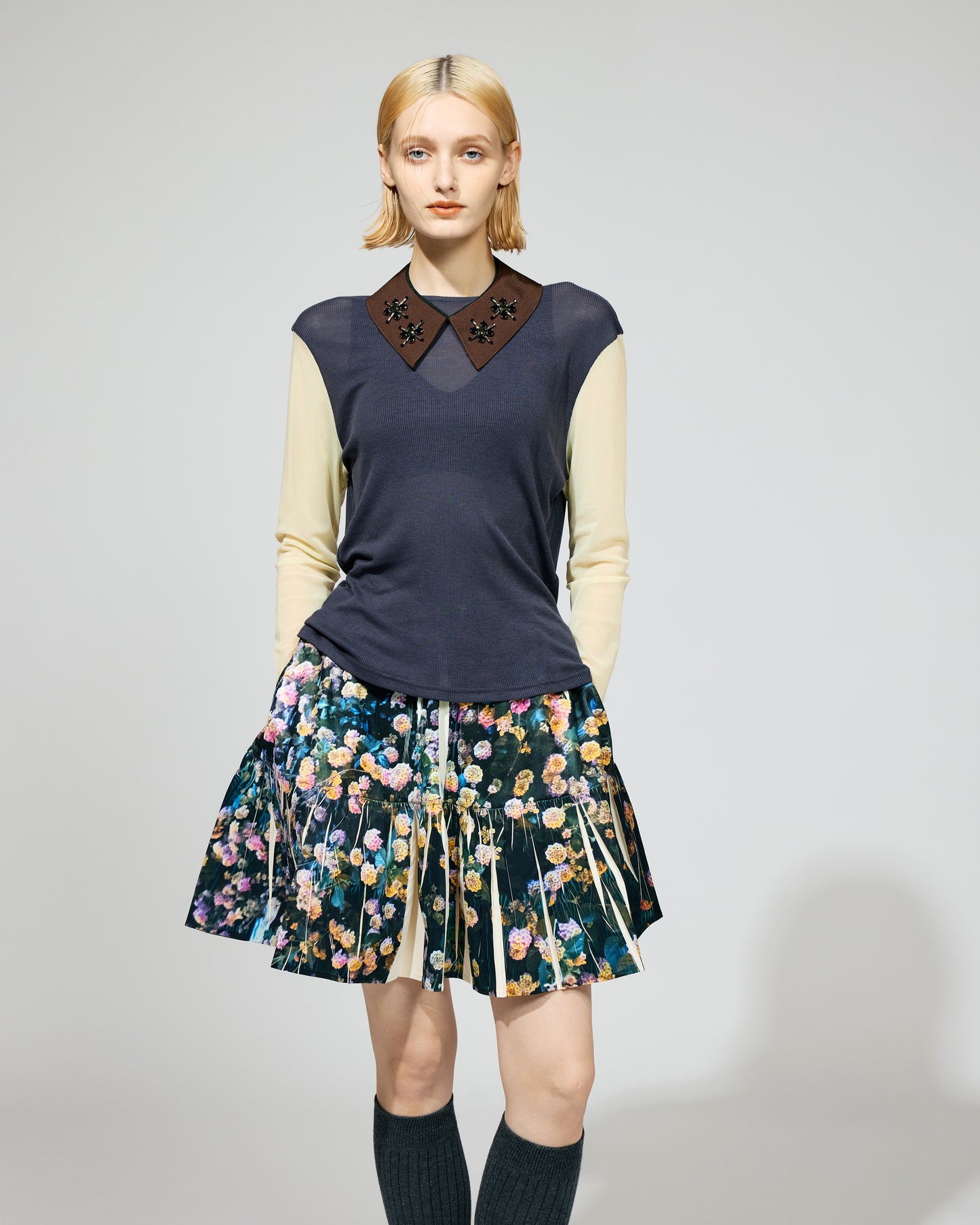 PRE ORDER / DIRECT PRINT RIB GATHER MINI SKIRT (FLOWER)