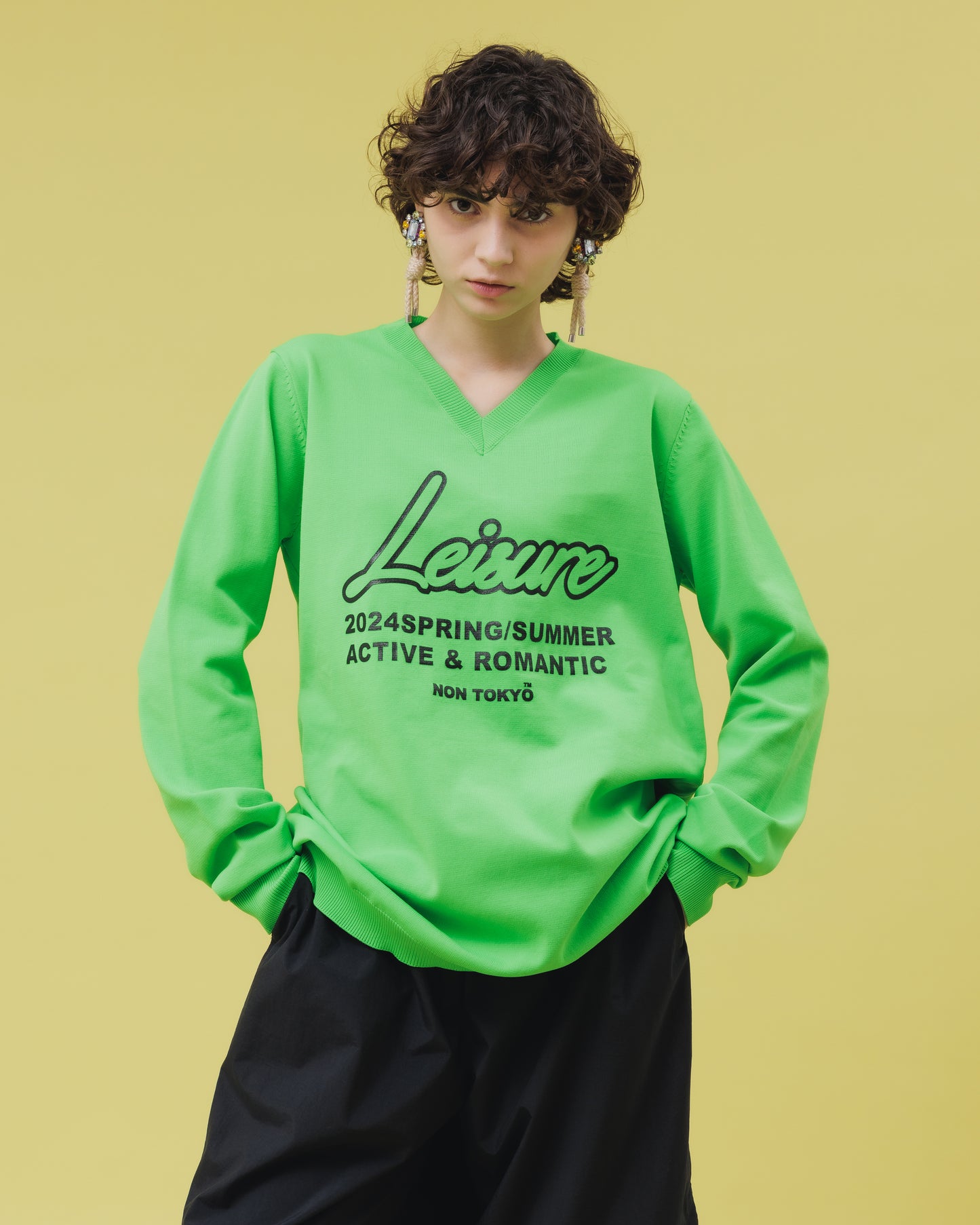 NON TOKYO / PRINT V-NECK KNIT (NEON GREEN) / &lt;NON TOKYO&gt; Print V-neck knit (neon green)