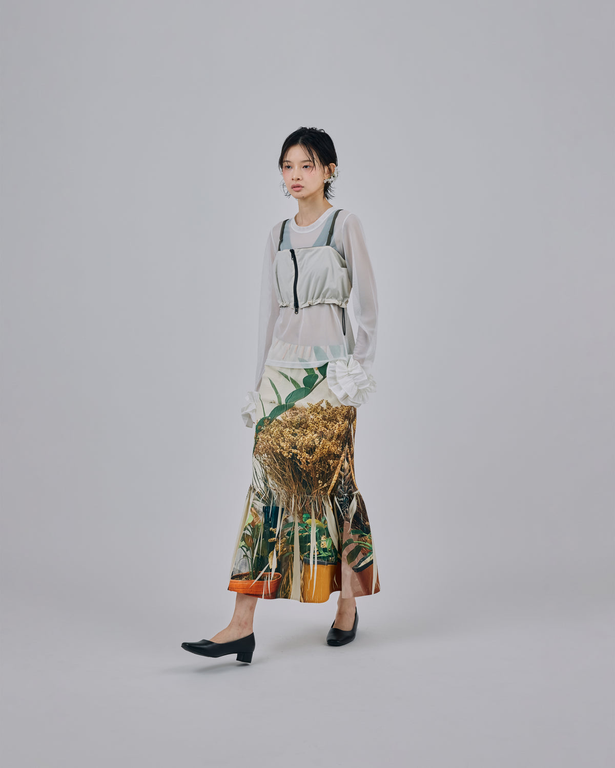 DIRECT PRINT RIB GATHER SKIRT (PLANTS)