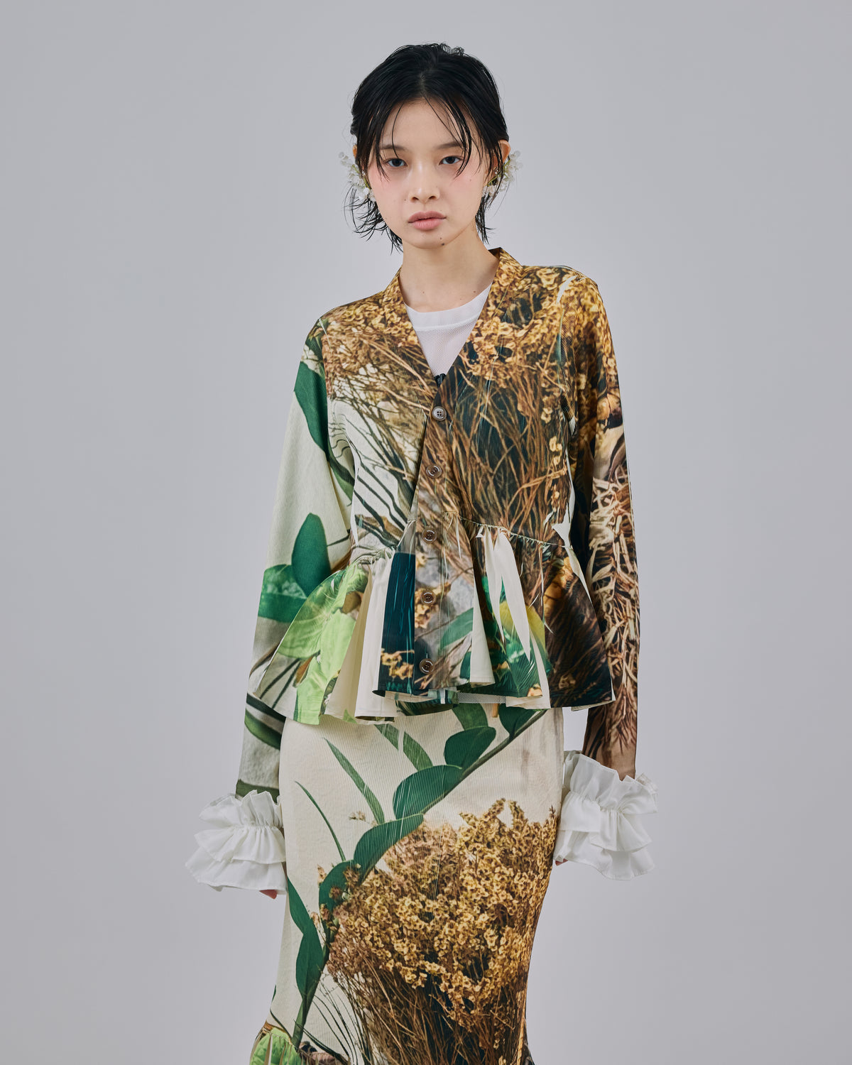 DIRECT PRINT RIB GATHER CARDIGAN (PLANTS)