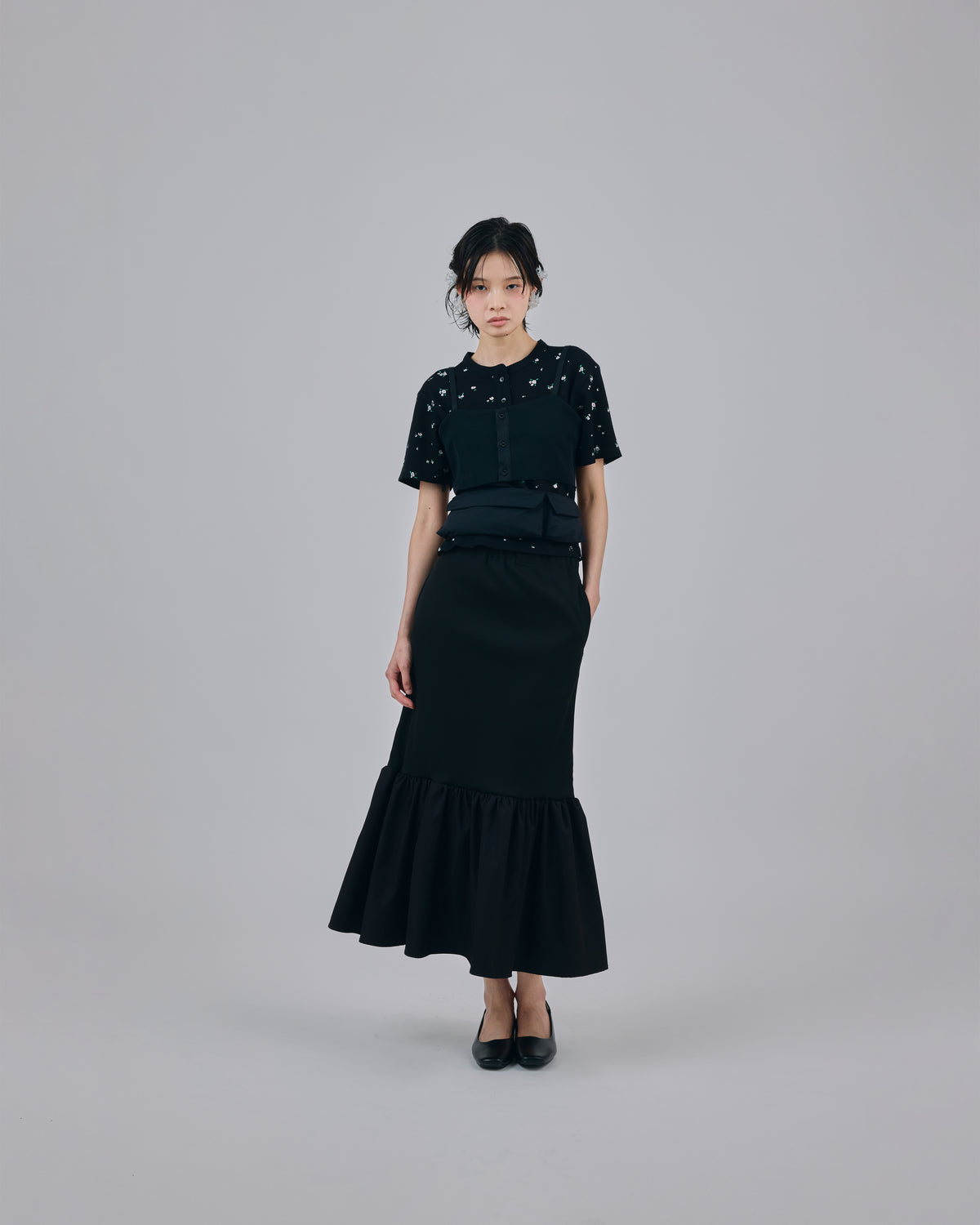 DIRECT PRINT RIB GATHER SKIRT (BLACK)