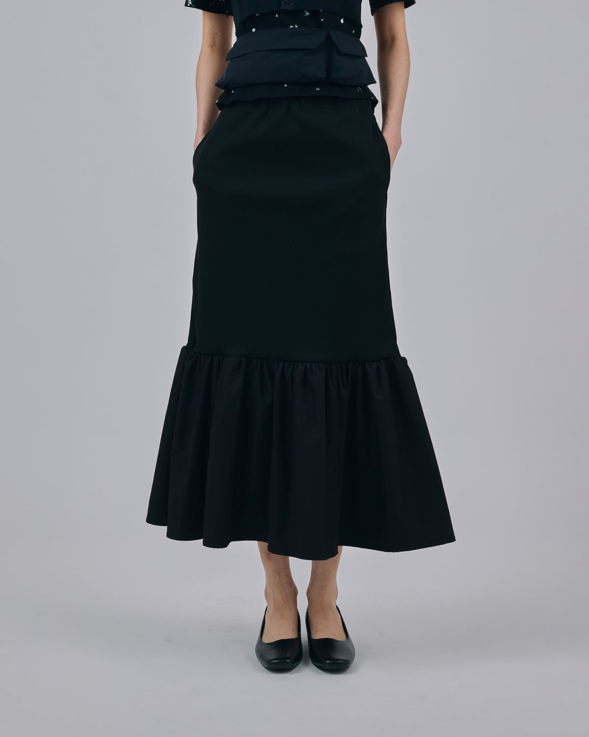 DIRECT PRINT RIB GATHER SKIRT (BLACK)