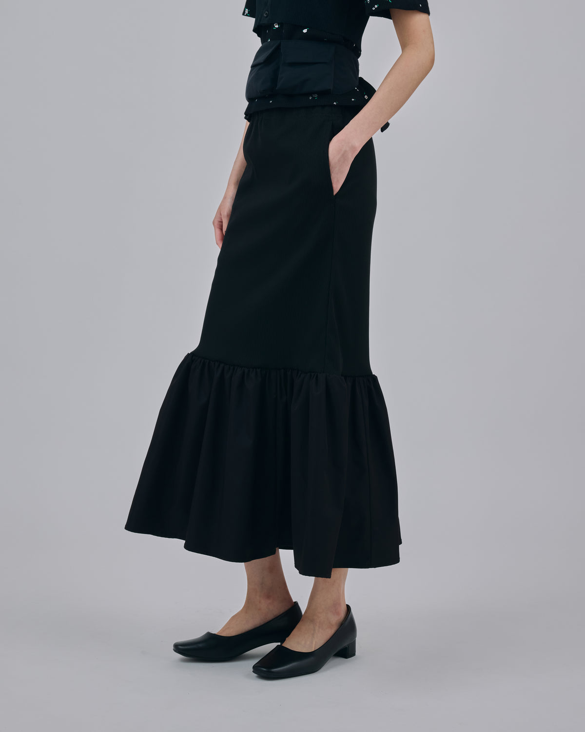 DIRECT PRINT RIB GATHER SKIRT (BLACK)