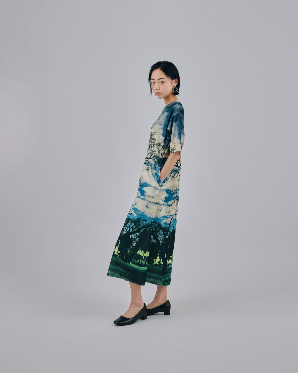 PRINT RIB HALF SLEEVE ONE-PIECE (PARK)