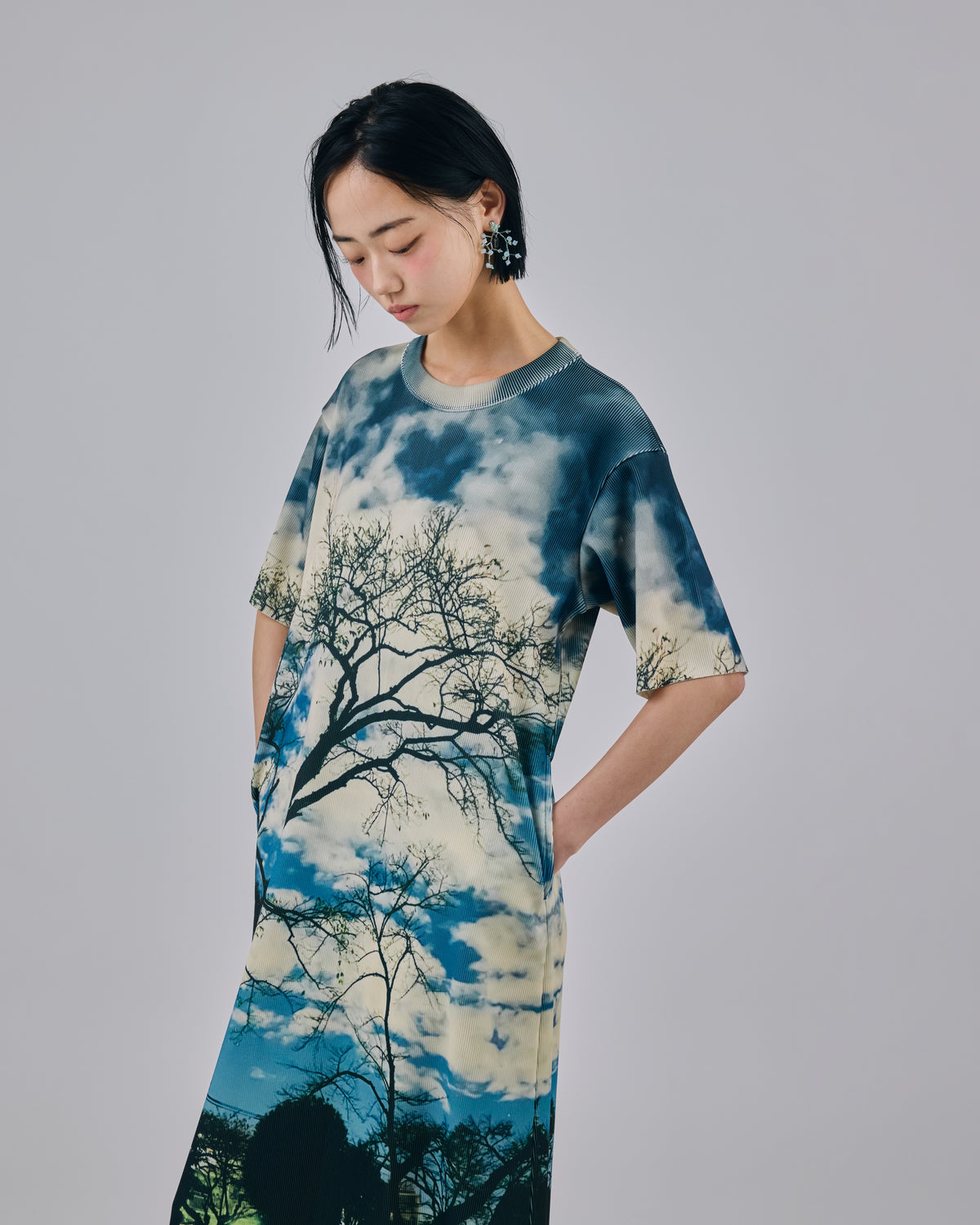 PRINT RIB HALF SLEEVE ONE-PIECE (PARK)