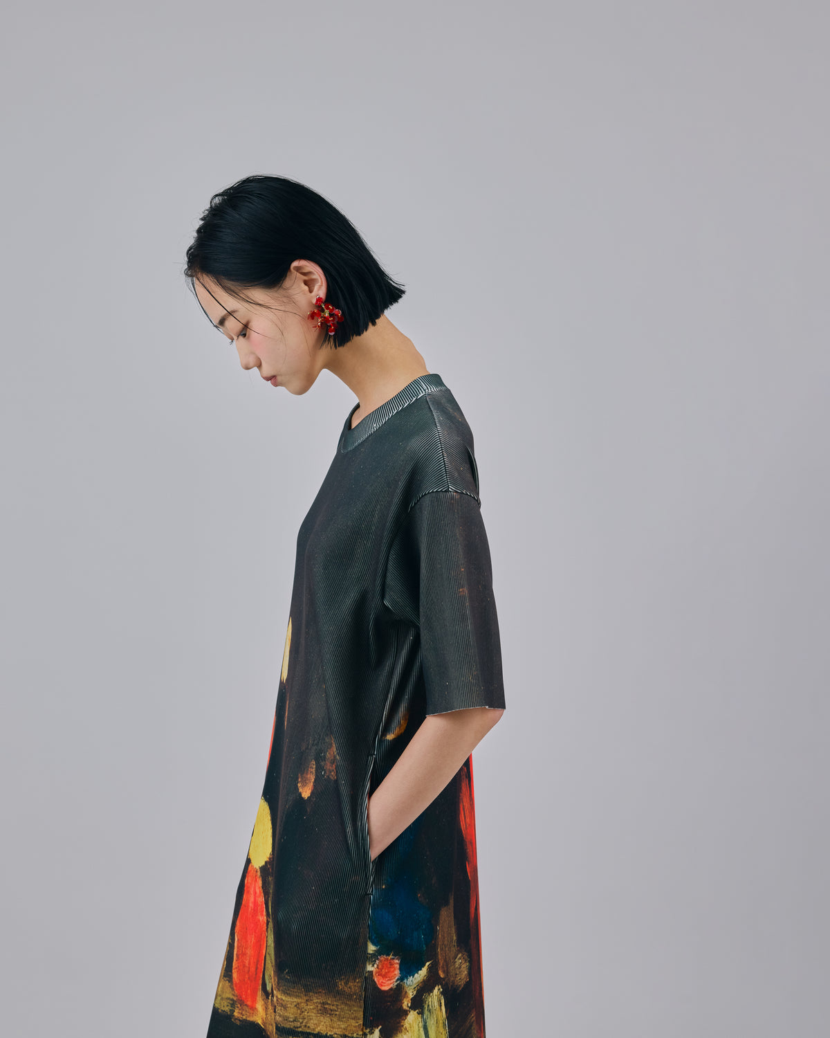 PRINT RIB HALF SLEEVE ONE-PIECE (ART)