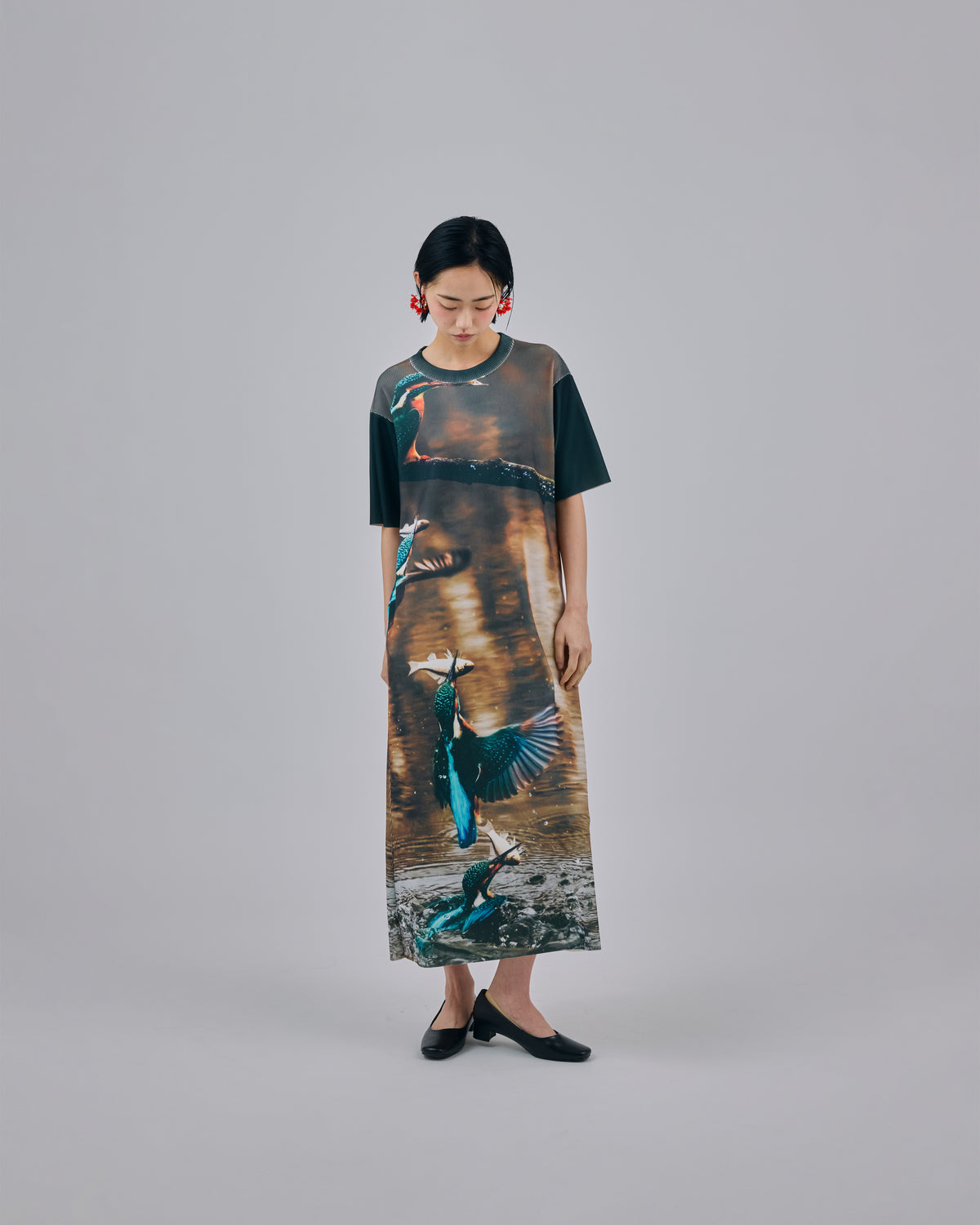 PRINT RIB HALF SLEEVE ONE-PIECE (BIRD)