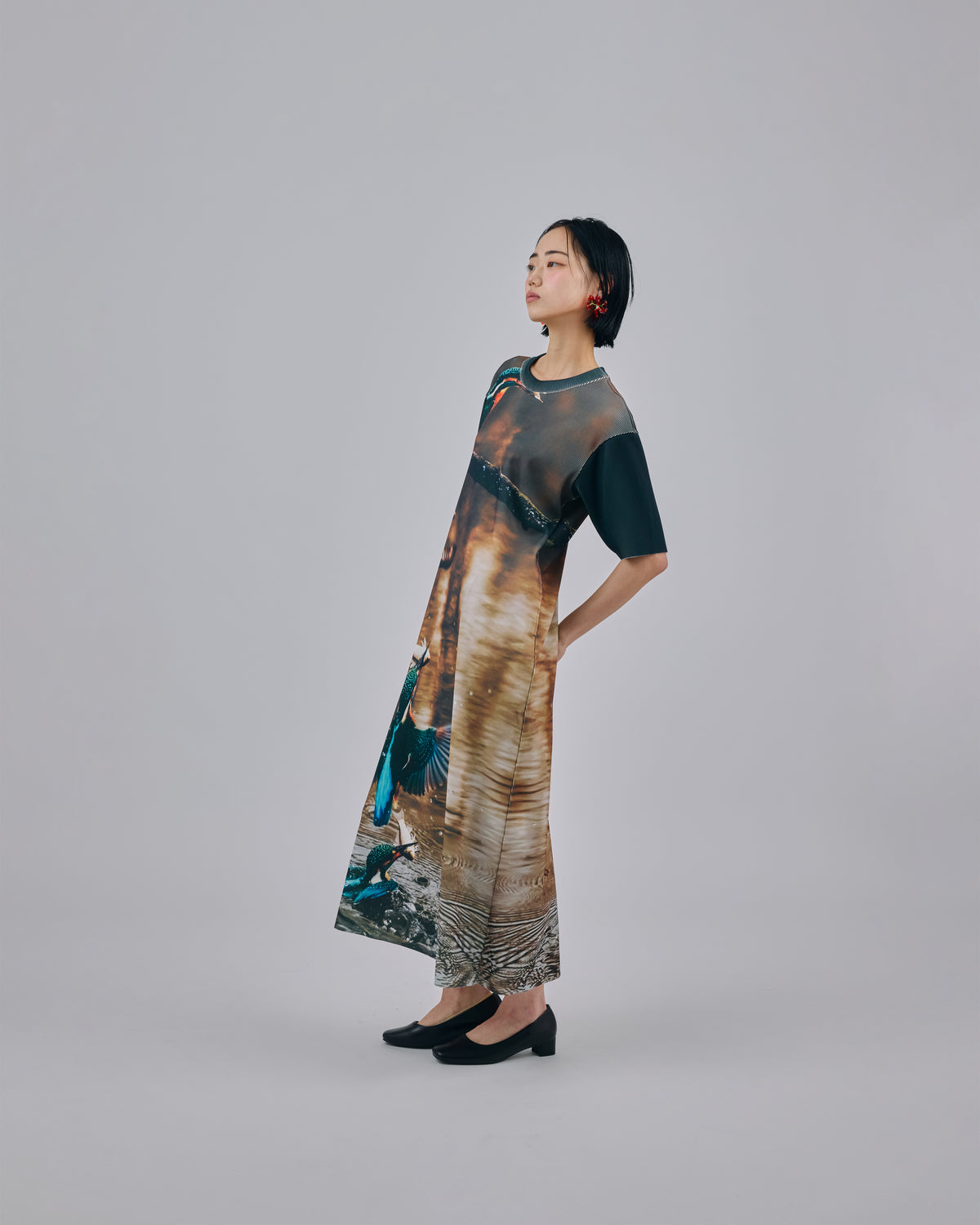 PRINT RIB HALF SLEEVE ONE-PIECE (BIRD)