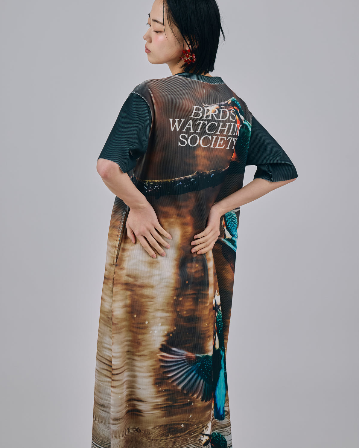 PRINT RIB HALF SLEEVE ONE-PIECE (BIRD)