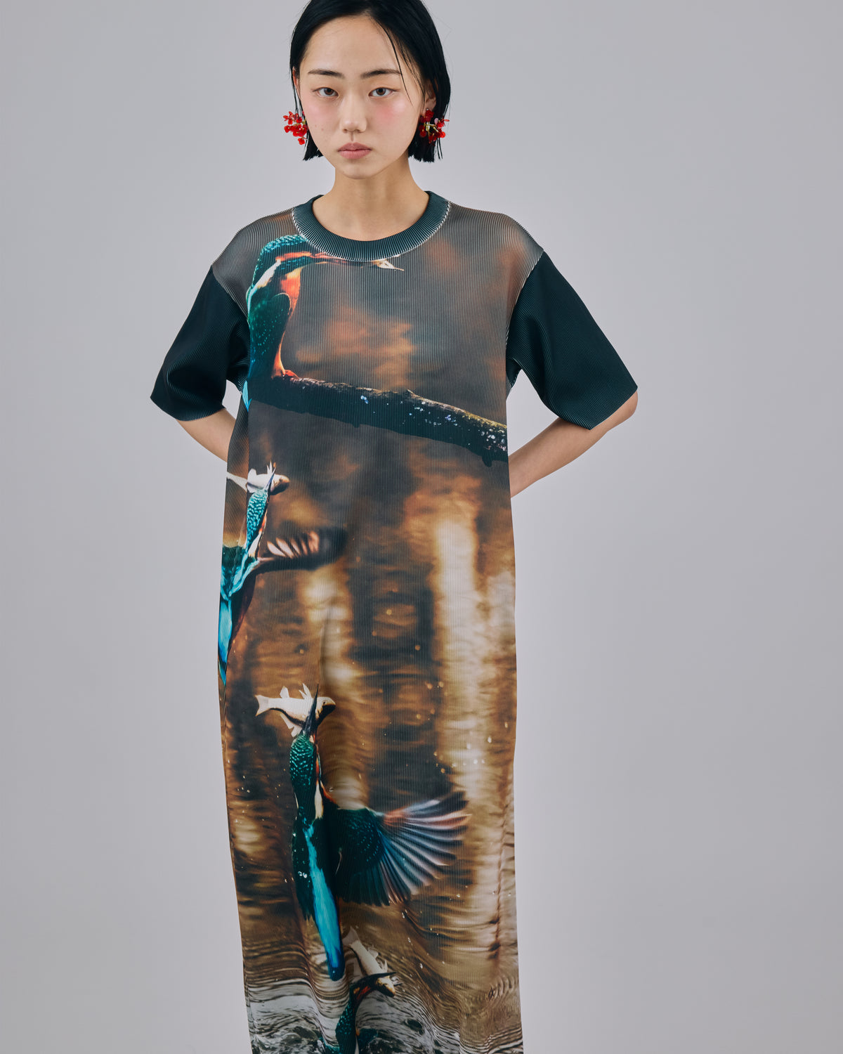 PRINT RIB HALF SLEEVE ONE-PIECE (BIRD)