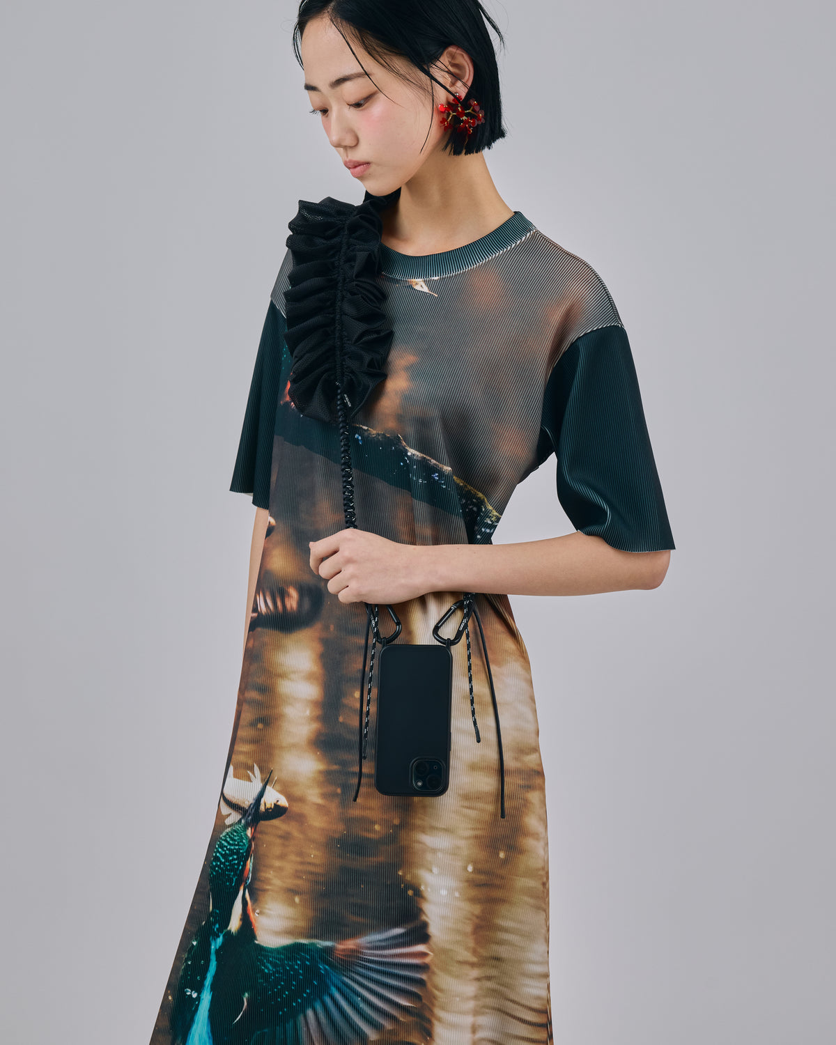 PRINT RIB HALF SLEEVE ONE-PIECE (BIRD)