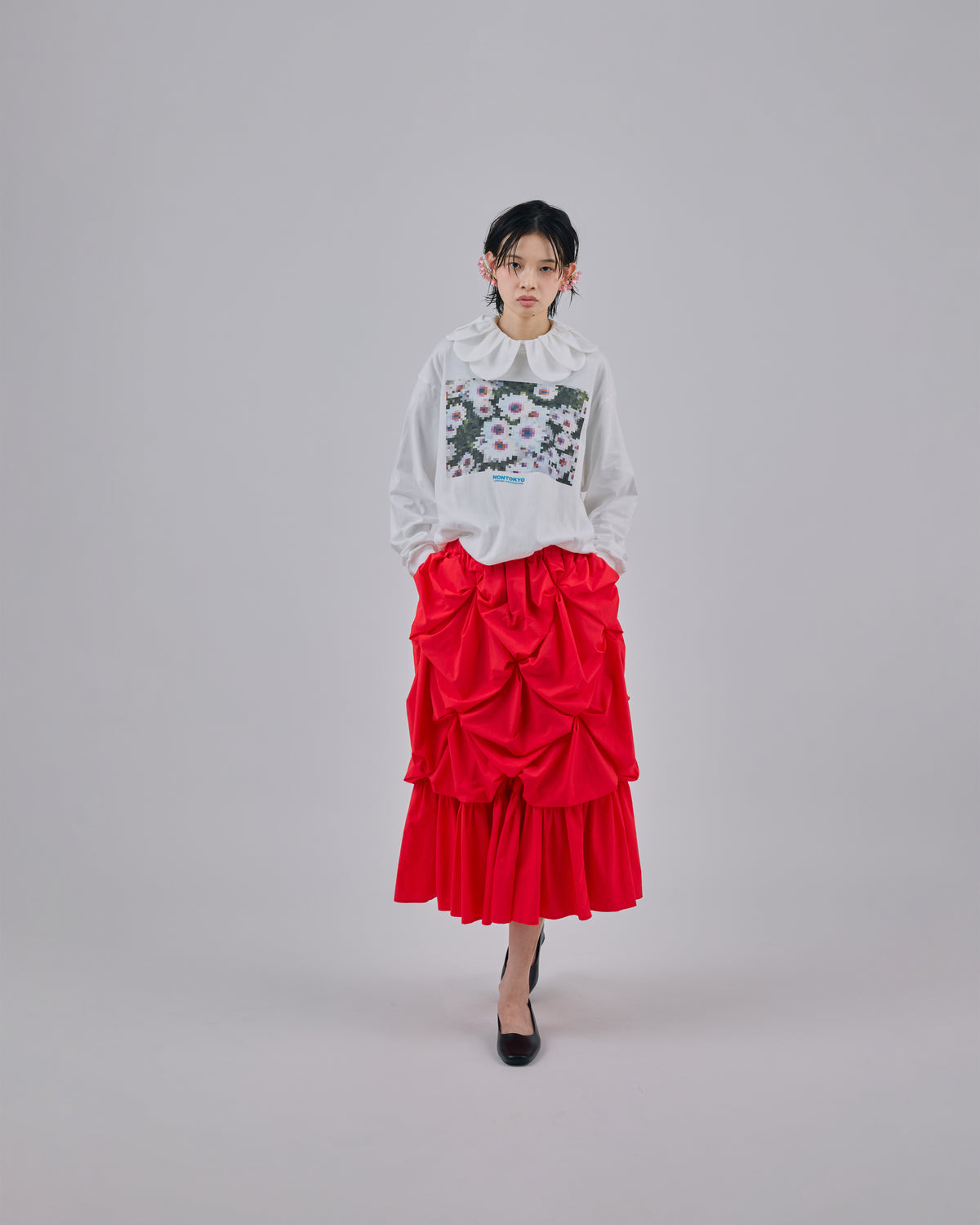 FLOWER SMOCKING SKIRT (RED)