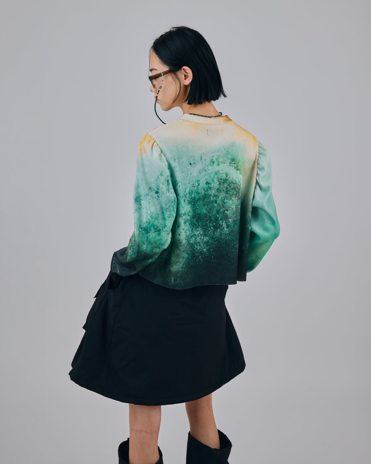 PRINT RIB PUFF SLEEVE C/S (WAVE)
