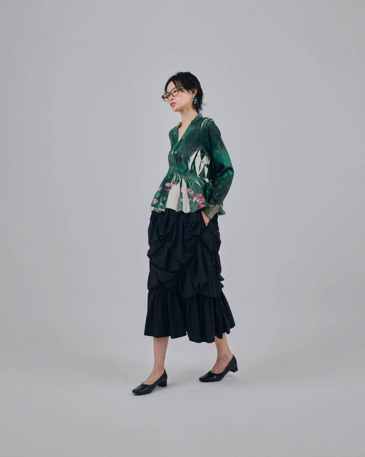 FLOWER SMOCKING SKIRT (BLACK)