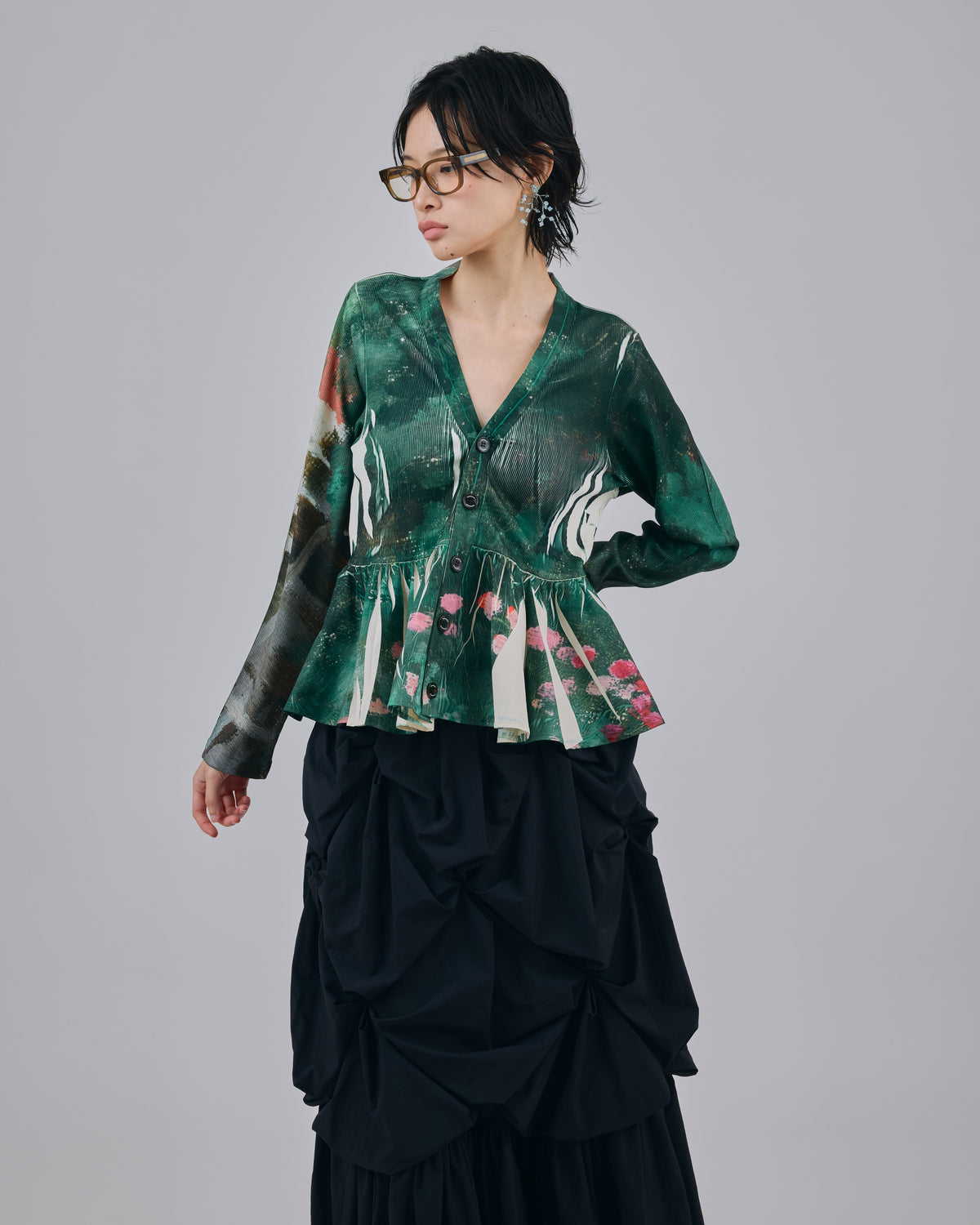 DIRECT PRINT RIB GATHER CARDIGAN (ART)