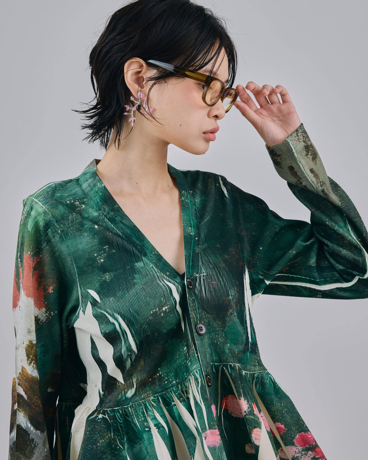 DIRECT PRINT RIB GATHER CARDIGAN (ART)