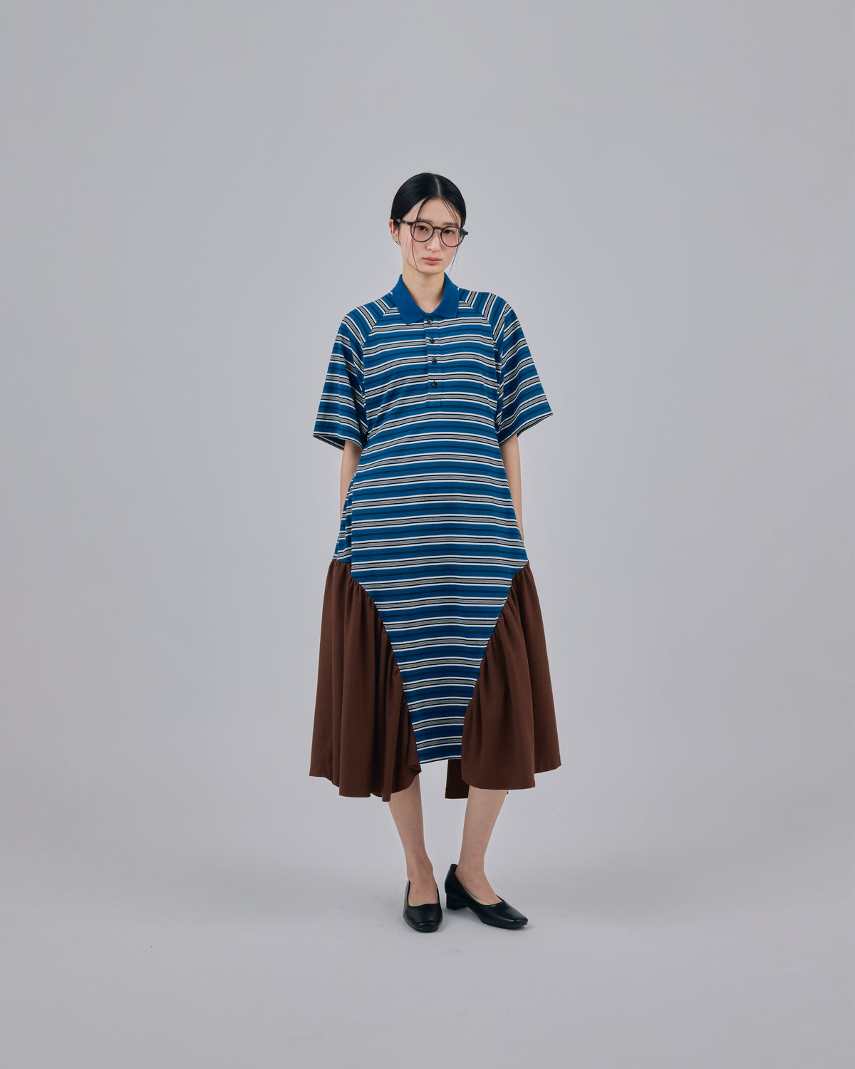 BORDER POLO ONE-PIECE (NAVY x BROWN)