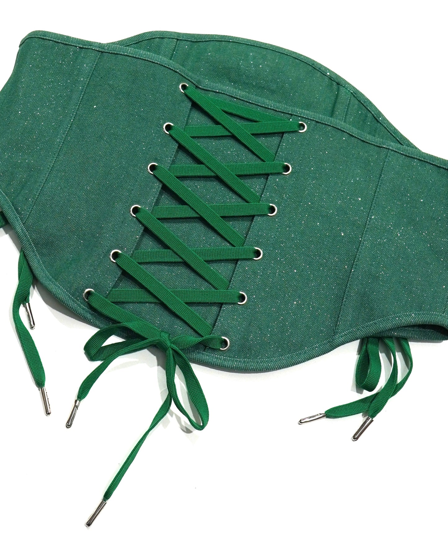 LAME DENIM LACE-UP CORSET (GREEN)