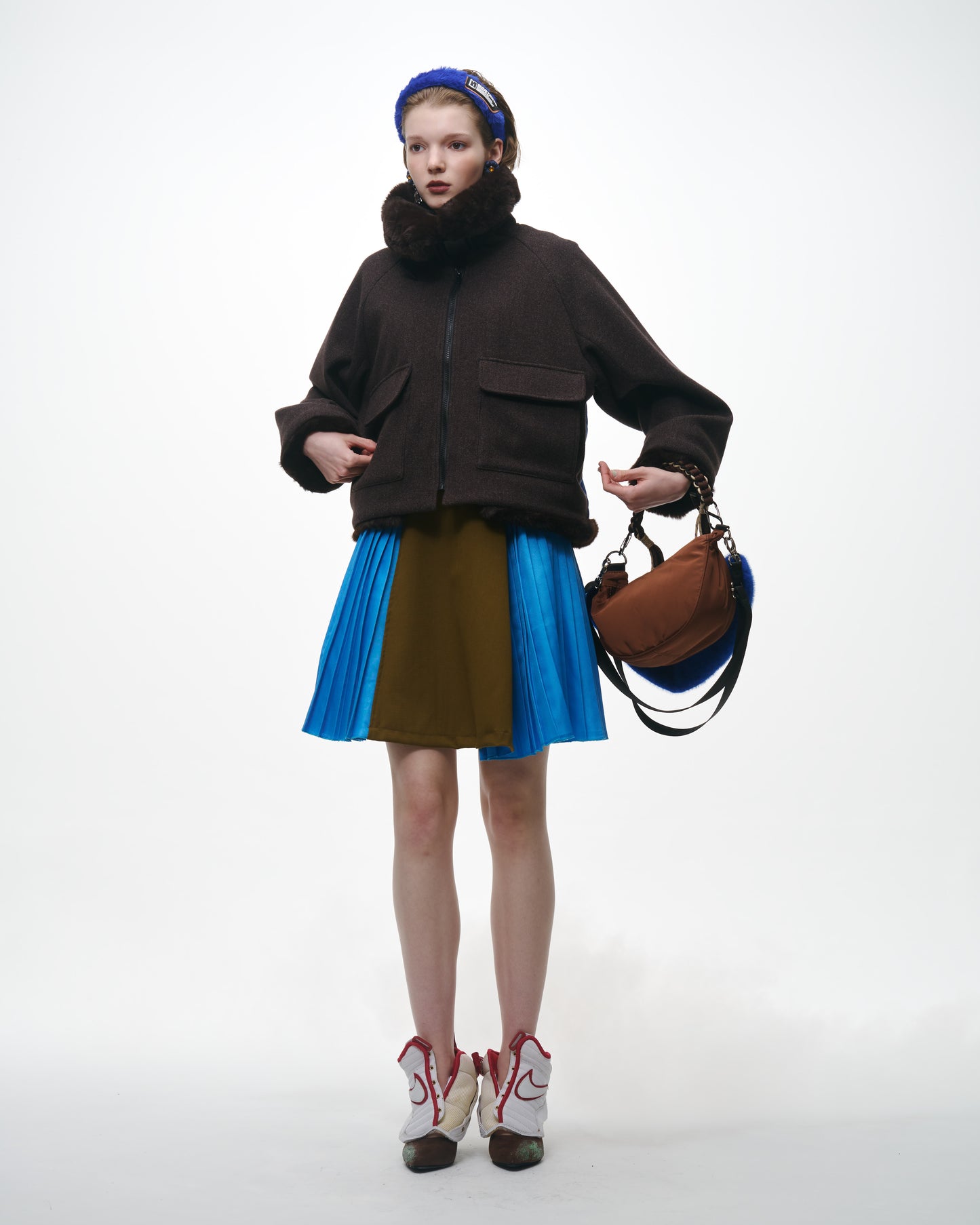 NON TOKYO / ADUSTER PLEATS MINI SKIRT (MUSTARD×L.BLUE) &lt;NON TOKYO&gt; Adjuster pleats mini skirt (mustard×light blue)