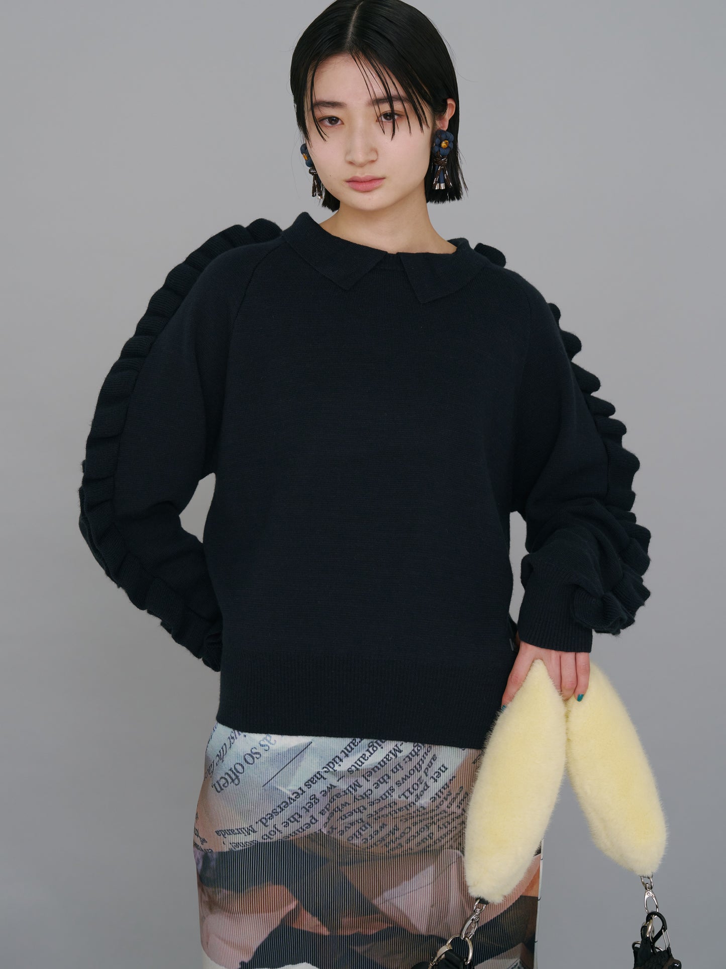 NON TOKYO / RUFFLED SLEEVE KNIT (NAVY) &lt;NON TOKYO&gt; Ruffled sleeve knit (navy)