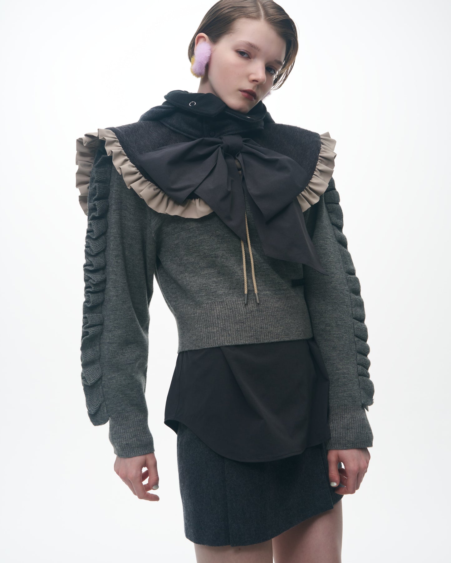 NON TOKYO / RUFFLED SLEEVE KNIT (GRAY)